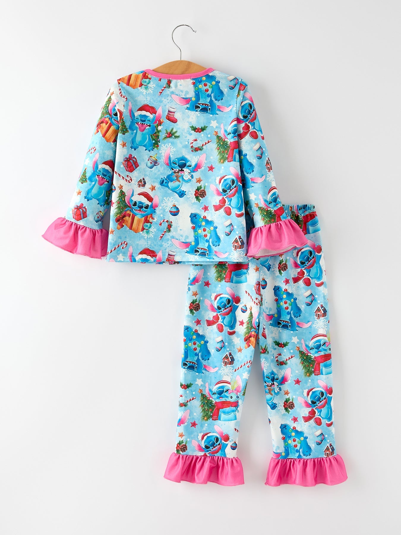 Christmas Girls Pajama Set With Ruffle Detail And Buttoned Top