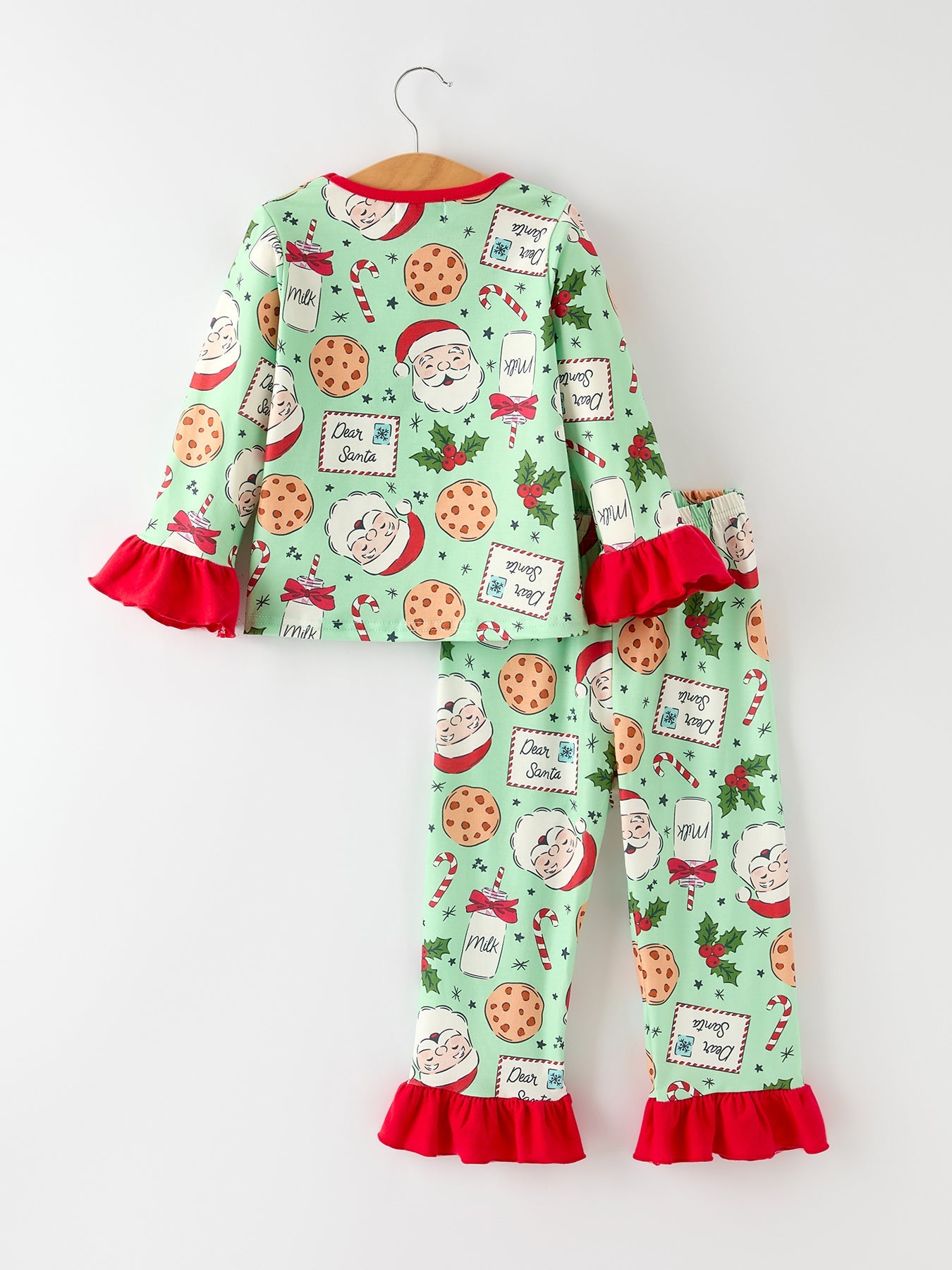 Christmas Santa And Cookie Print Girls Pajamas With Red Ruffle