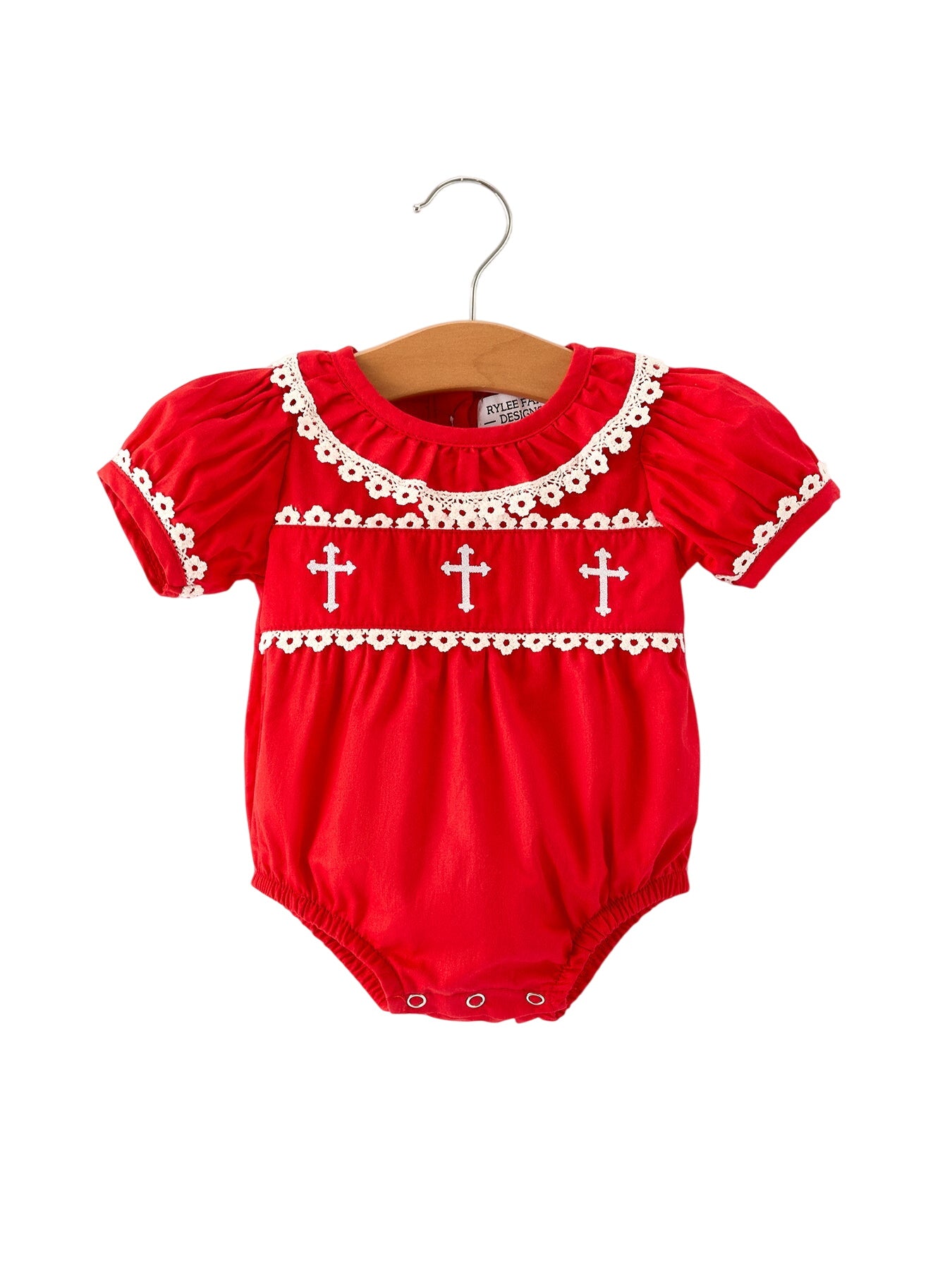 Red Christmas Baby Girls Romper: Cross Embroidery With Lace Trim