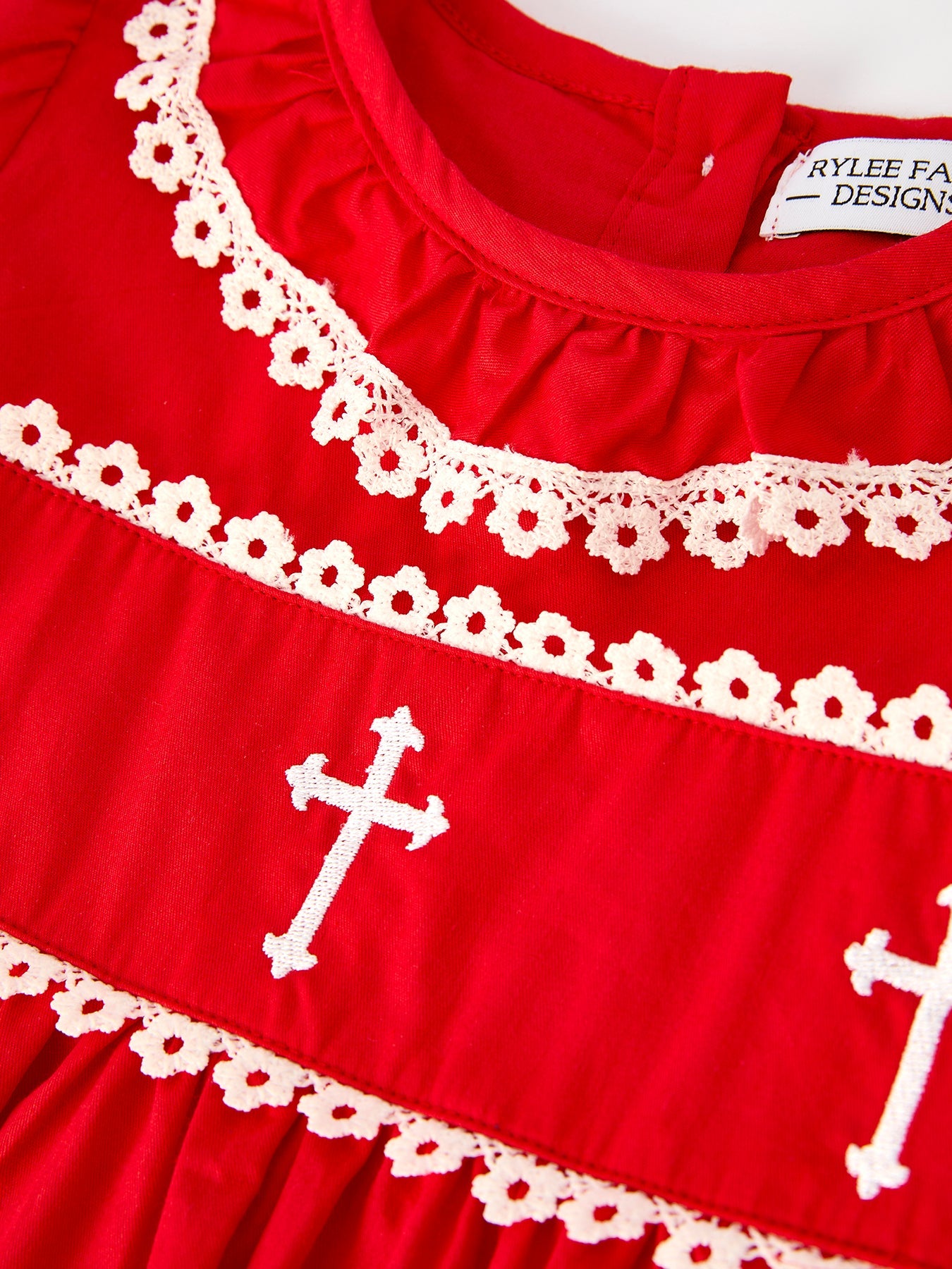 Red Christmas Girls Dress: Cross Embroidery With Lace Trim