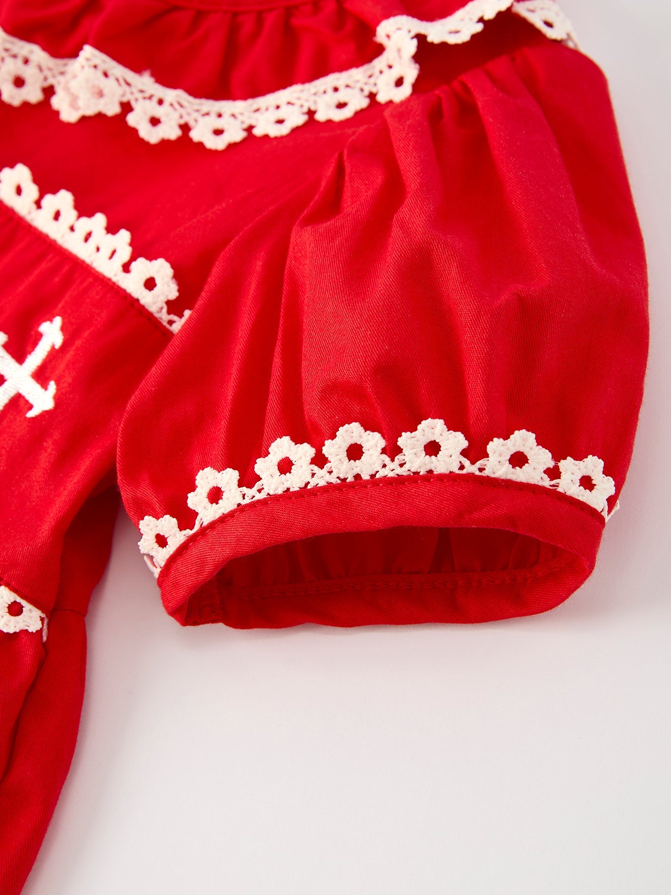 Red Christmas Girls Dress: Cross Embroidery With Lace Trim