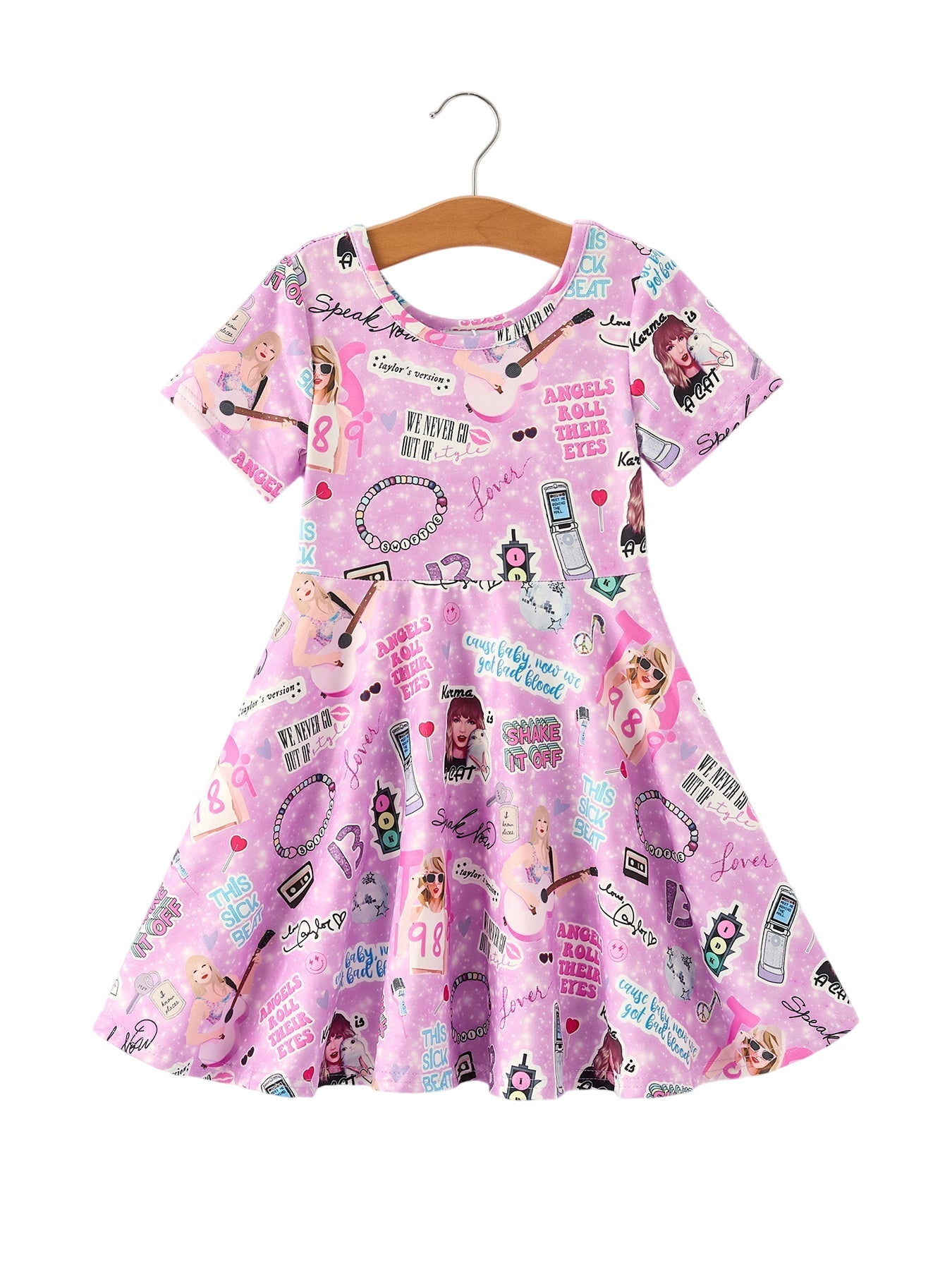 Christmas Purple Ts Twirly Print Girls Short Sleeves Dress:musical Journey In Style