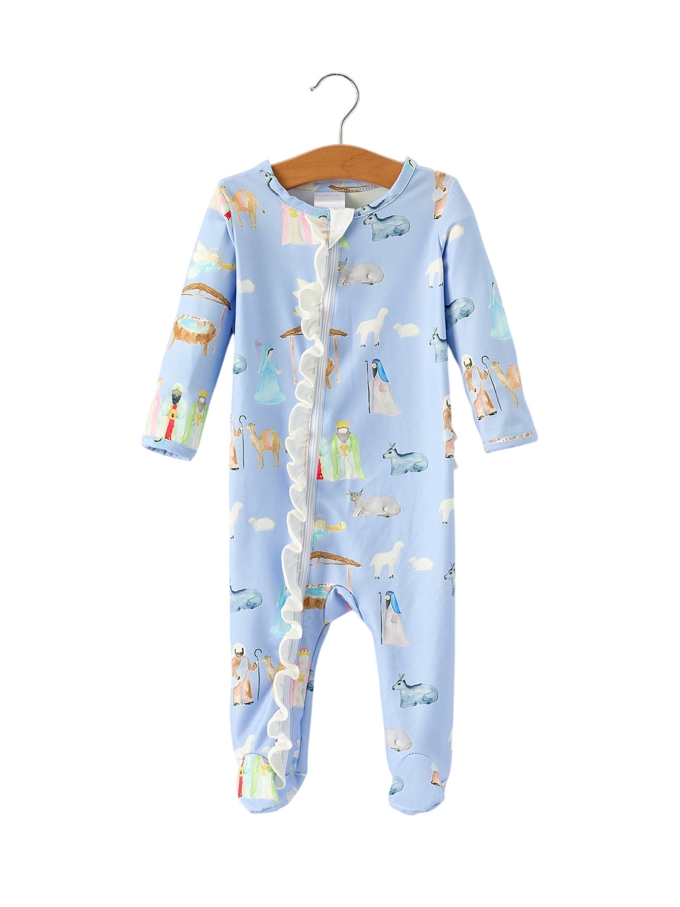 Blue Christmas Nativity Pattern Baby Girls Romper With Ruffles