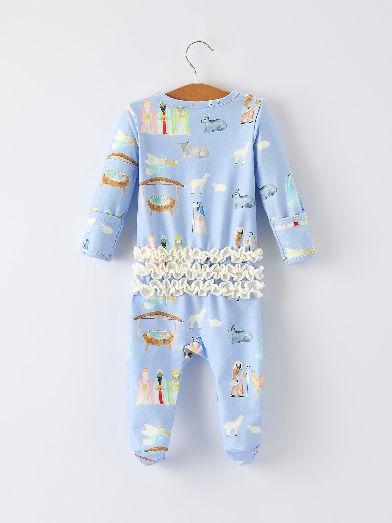 Blue Christmas Nativity Pattern Baby Girls Romper With Ruffles