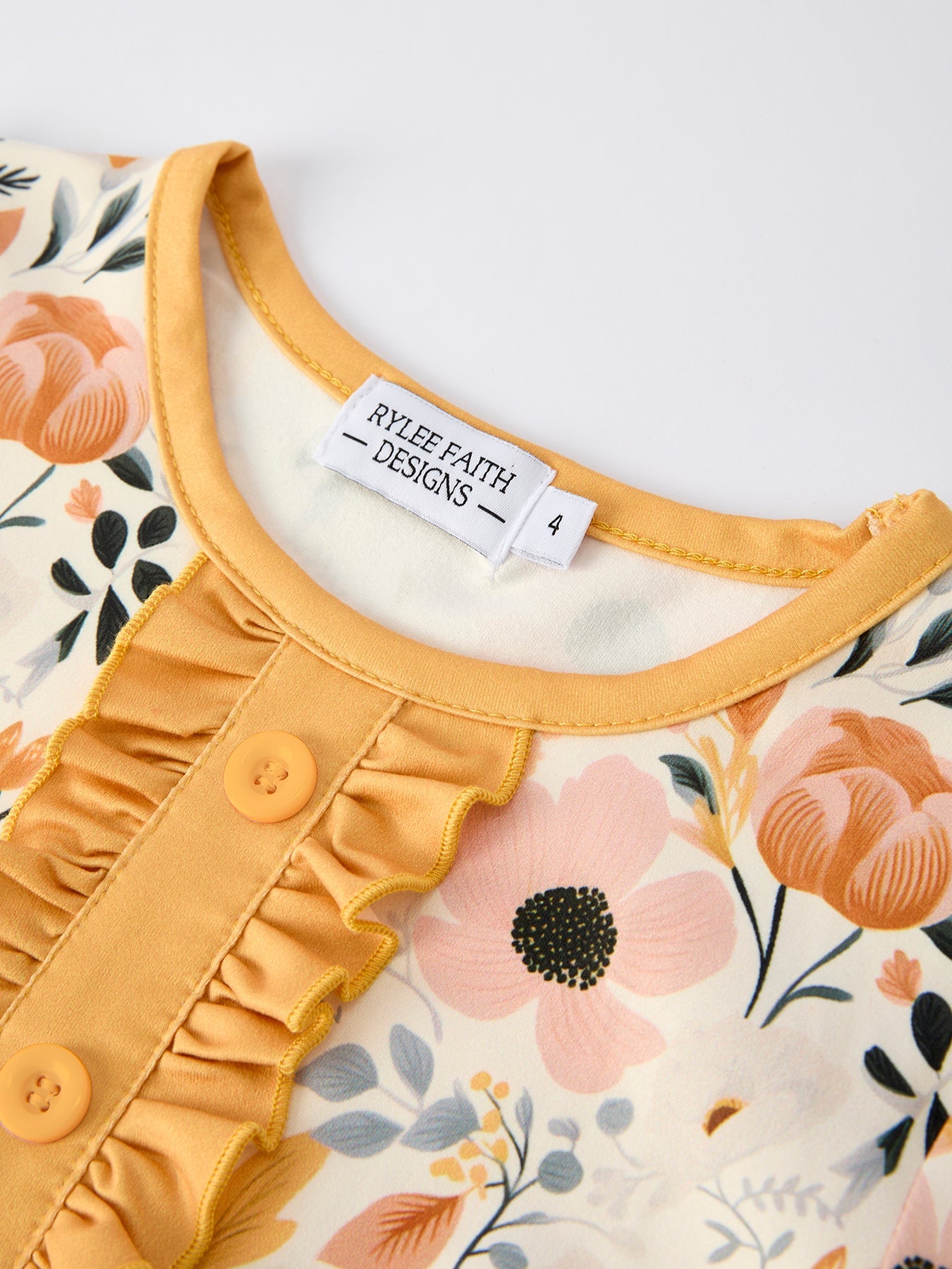 Fall Floral Print Girls Pajamas Set With Ruffle Details