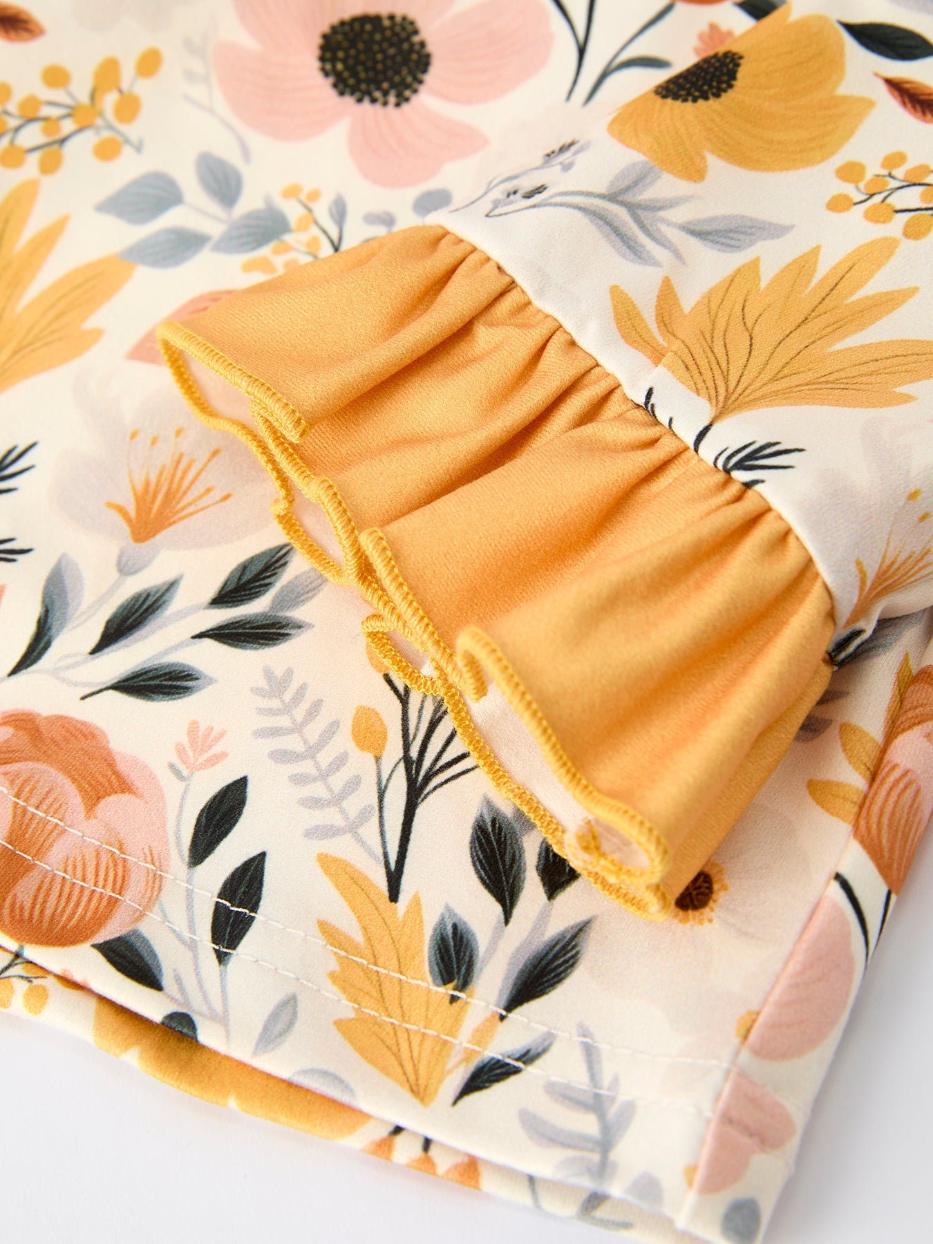 Fall Floral Print Girls Pajamas Set With Ruffle Details