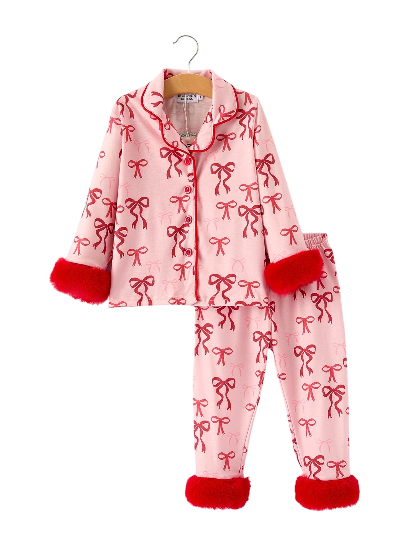 Christmas Bow Girls Pajama Set With Furry Trim