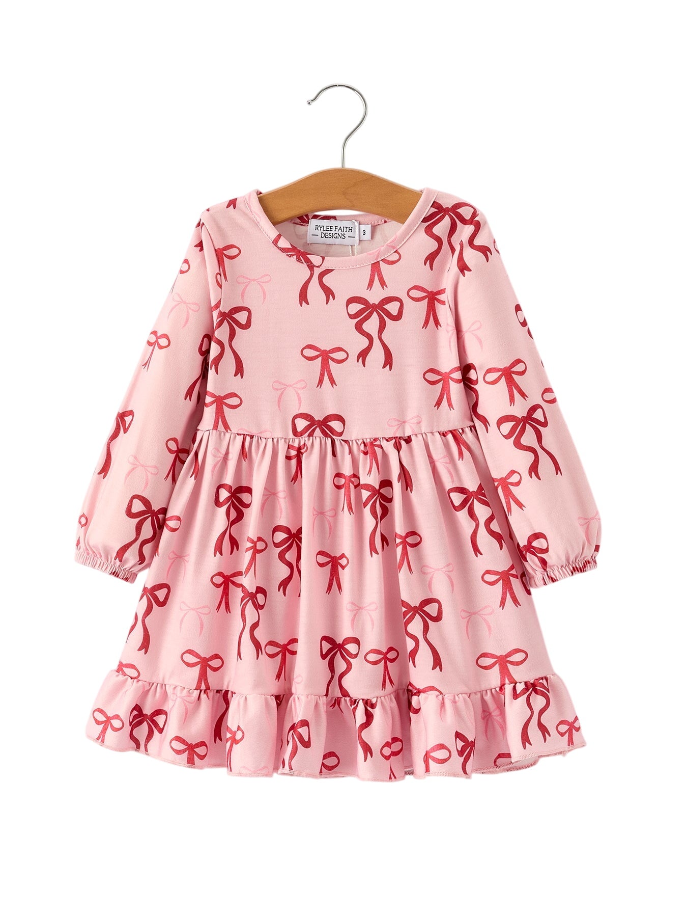 Pink Bow Print Girls Dress With Ruffle Hem