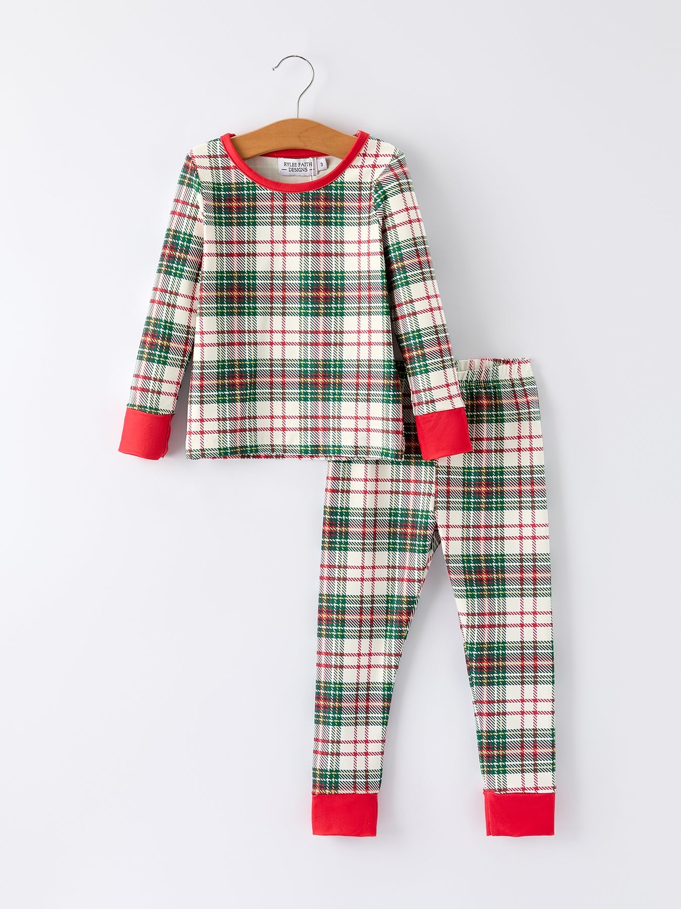 Mommy & Me Christmas Plaid Girls Pajamas Set With Long Sleeves And Red Cuffs