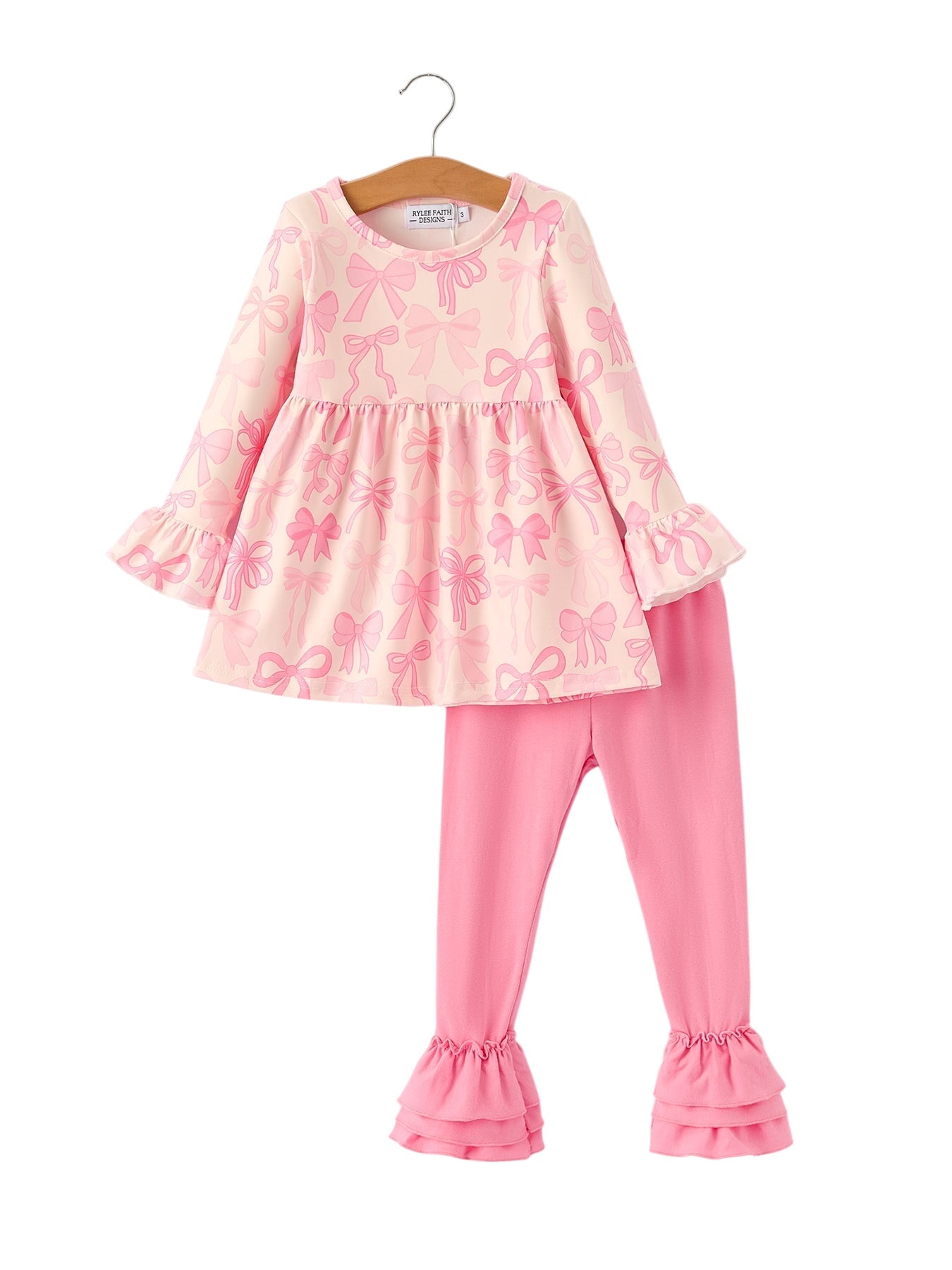 Girls Pink Bow Print Ruffled Long-sleeved Set