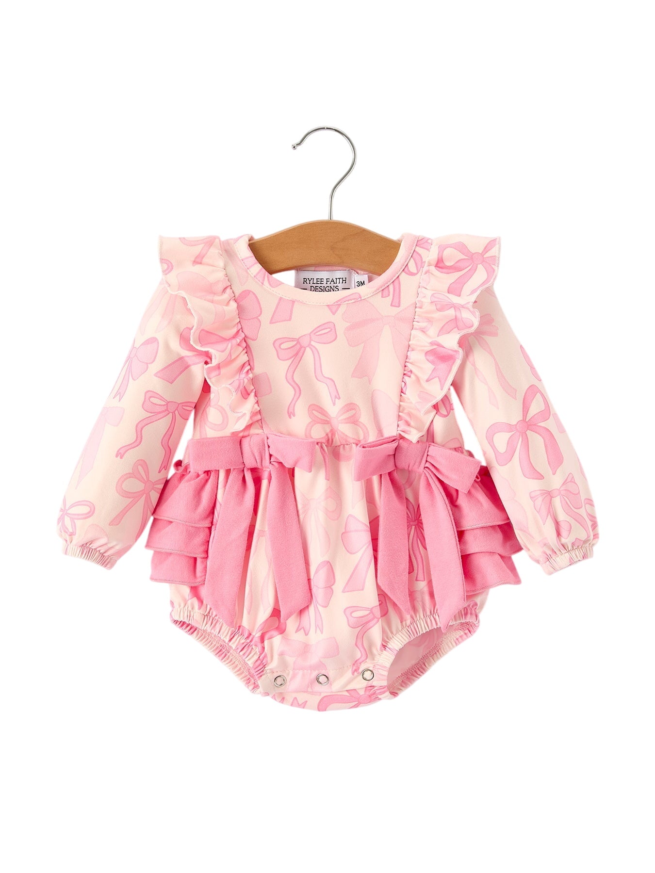 Girls Pink Bow Print Long Sleeves Romper
