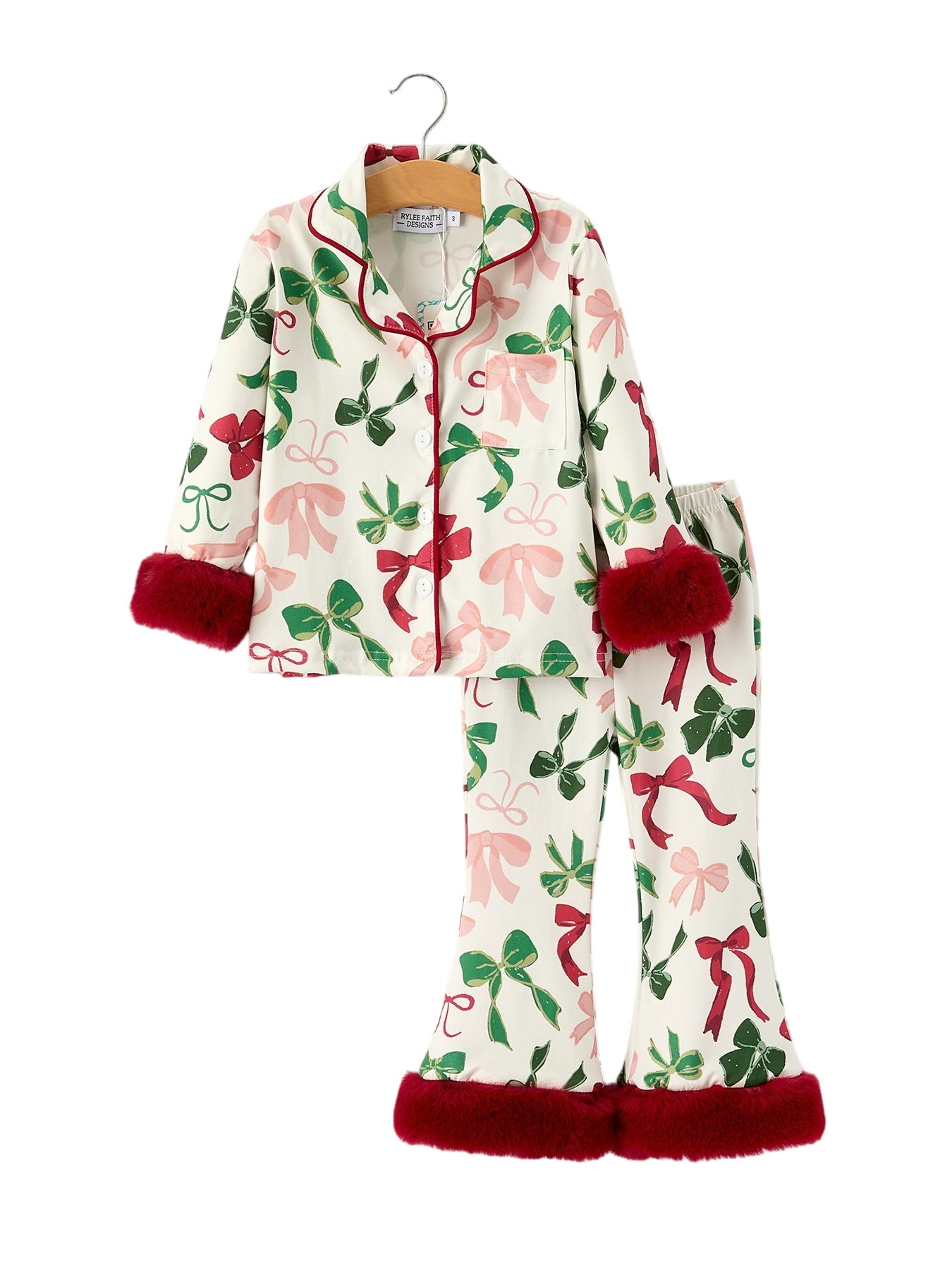 Holiday Bow Print Christmas Pajama Set – Girls Cozy Red Trim Sleepwear
