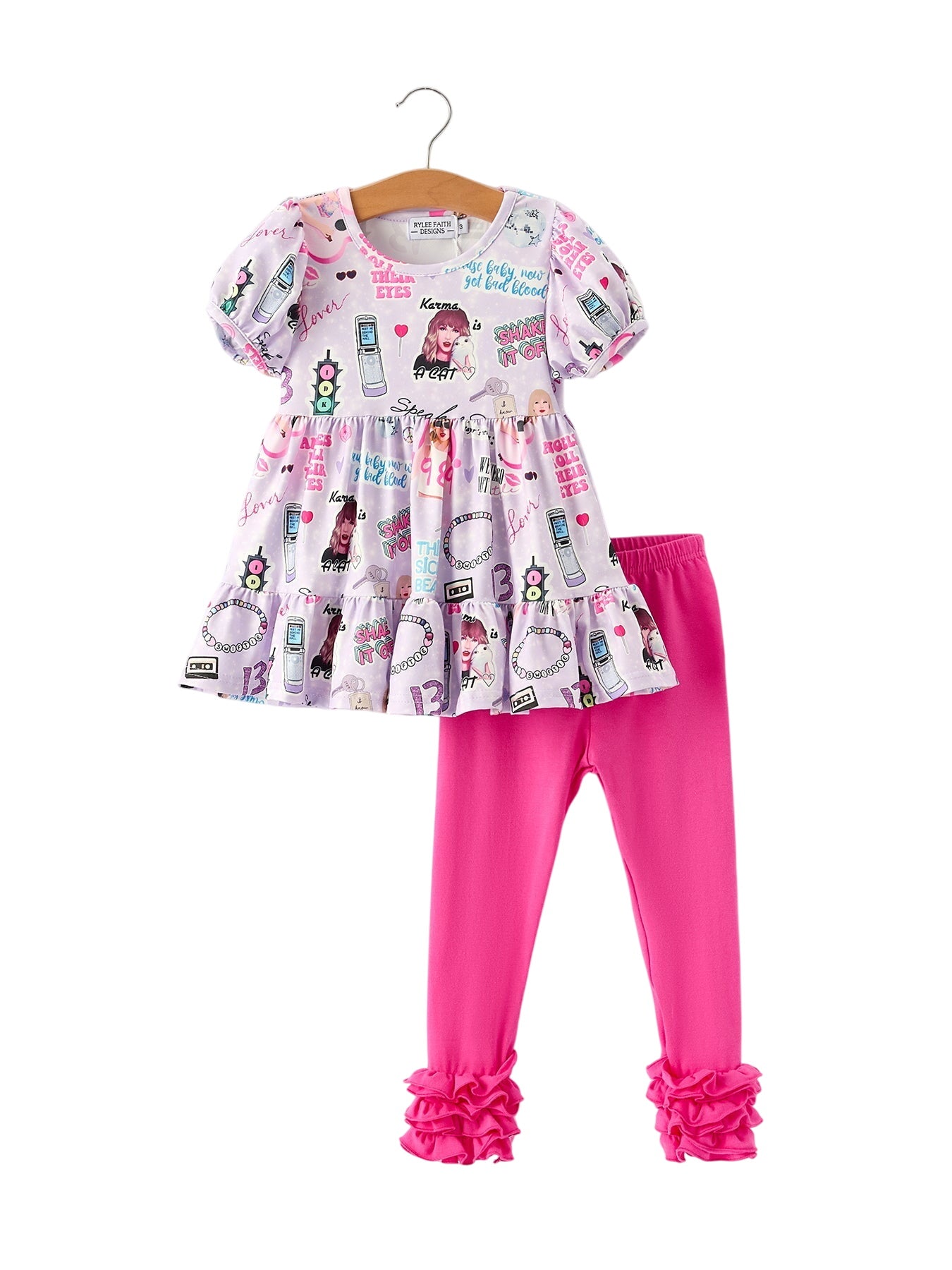 Christmas Purple Ts Print Ruffle Sleeve Top And Leggings Girls Set
