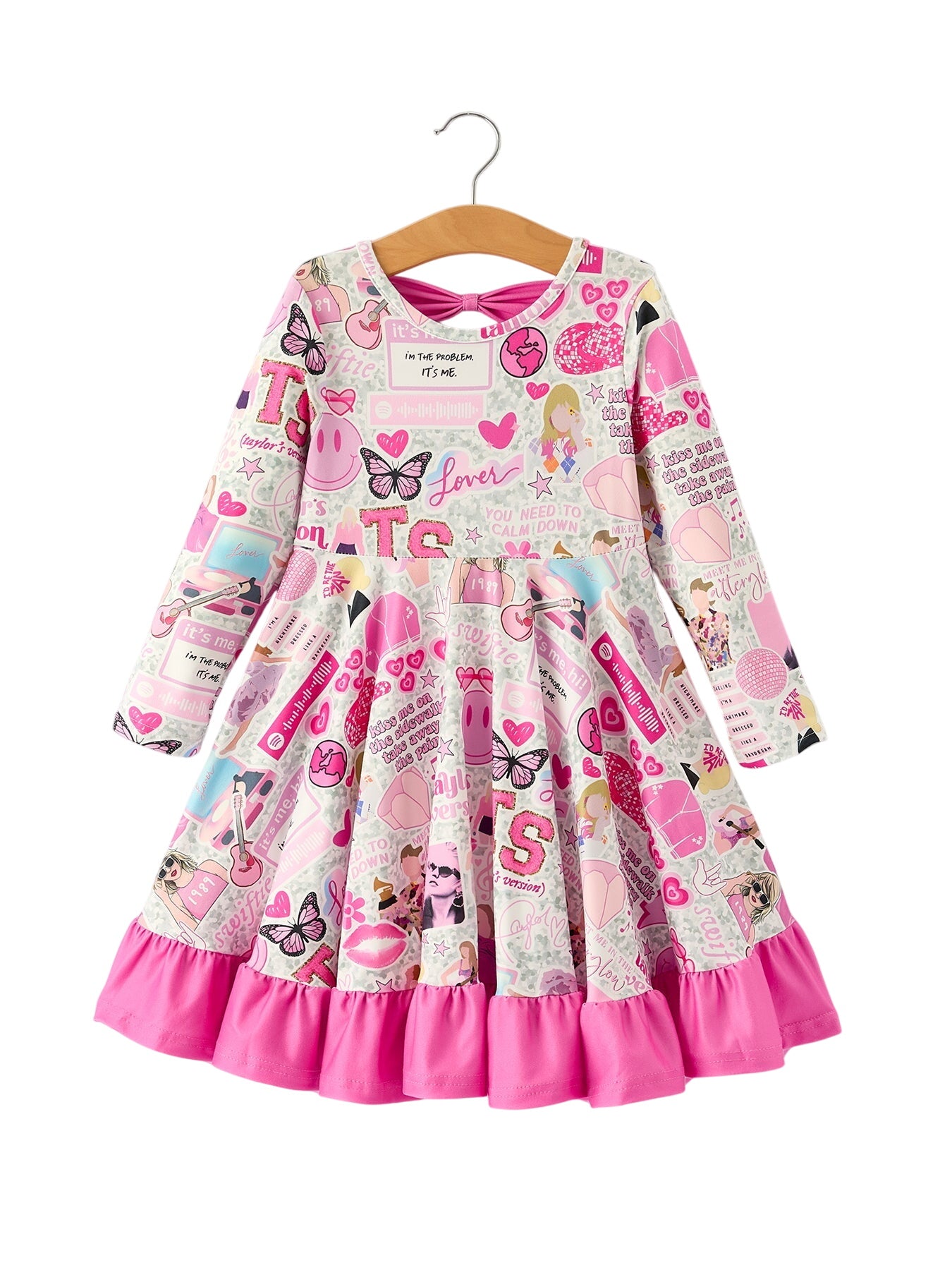 Pink Ts Print Ruffle Girls' Long Sleeve Christmas Dress