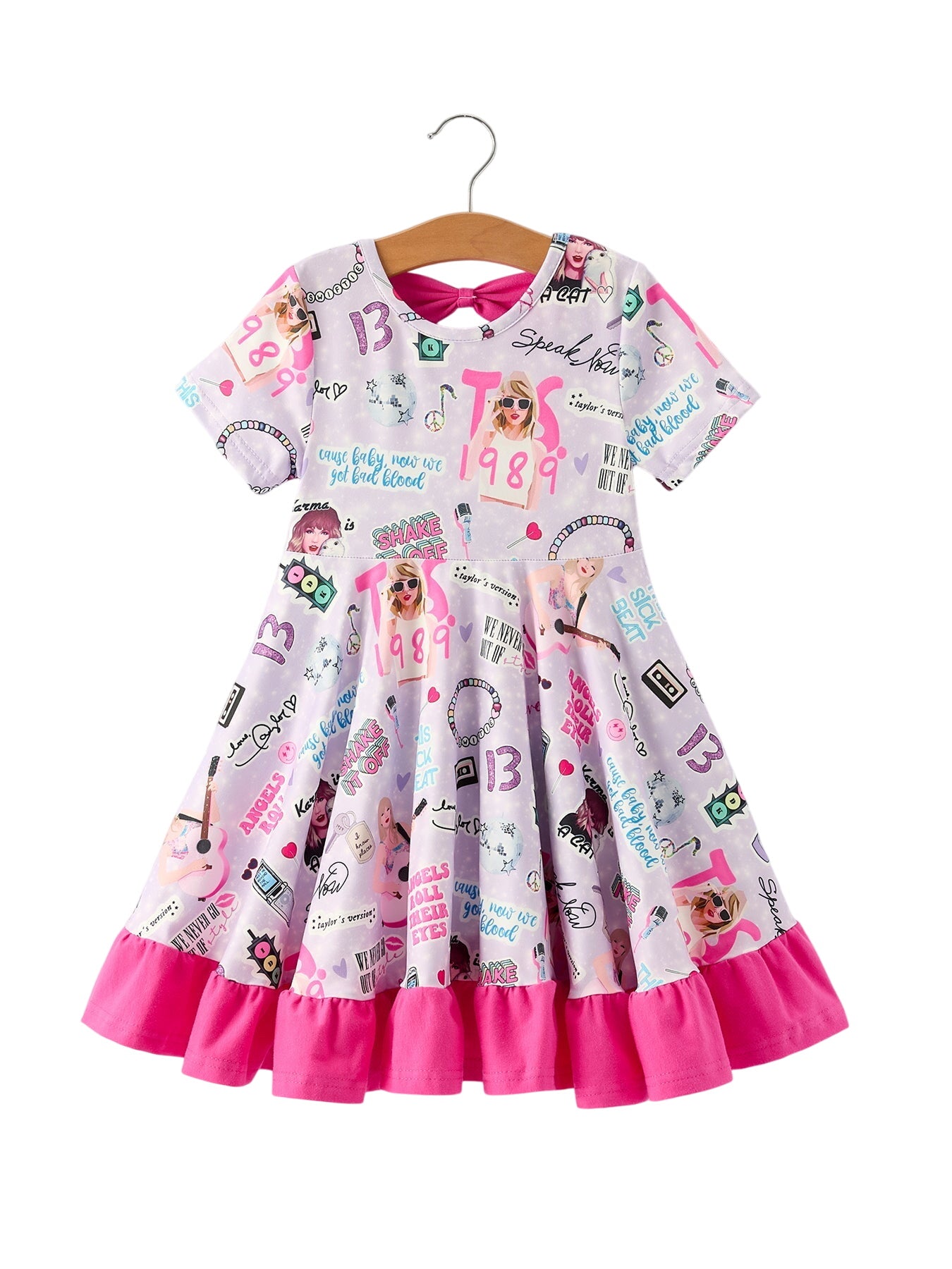 Purple Ts Print Ruffle Girls' Short Sleeve Christmas Dress