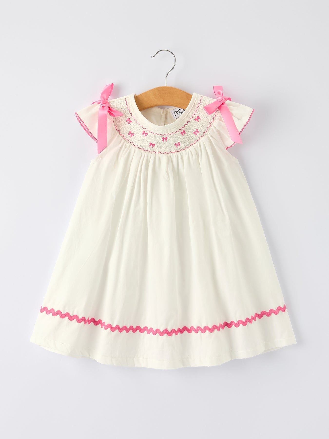 Fall White Girls Dress With Pink Bow Embroidery