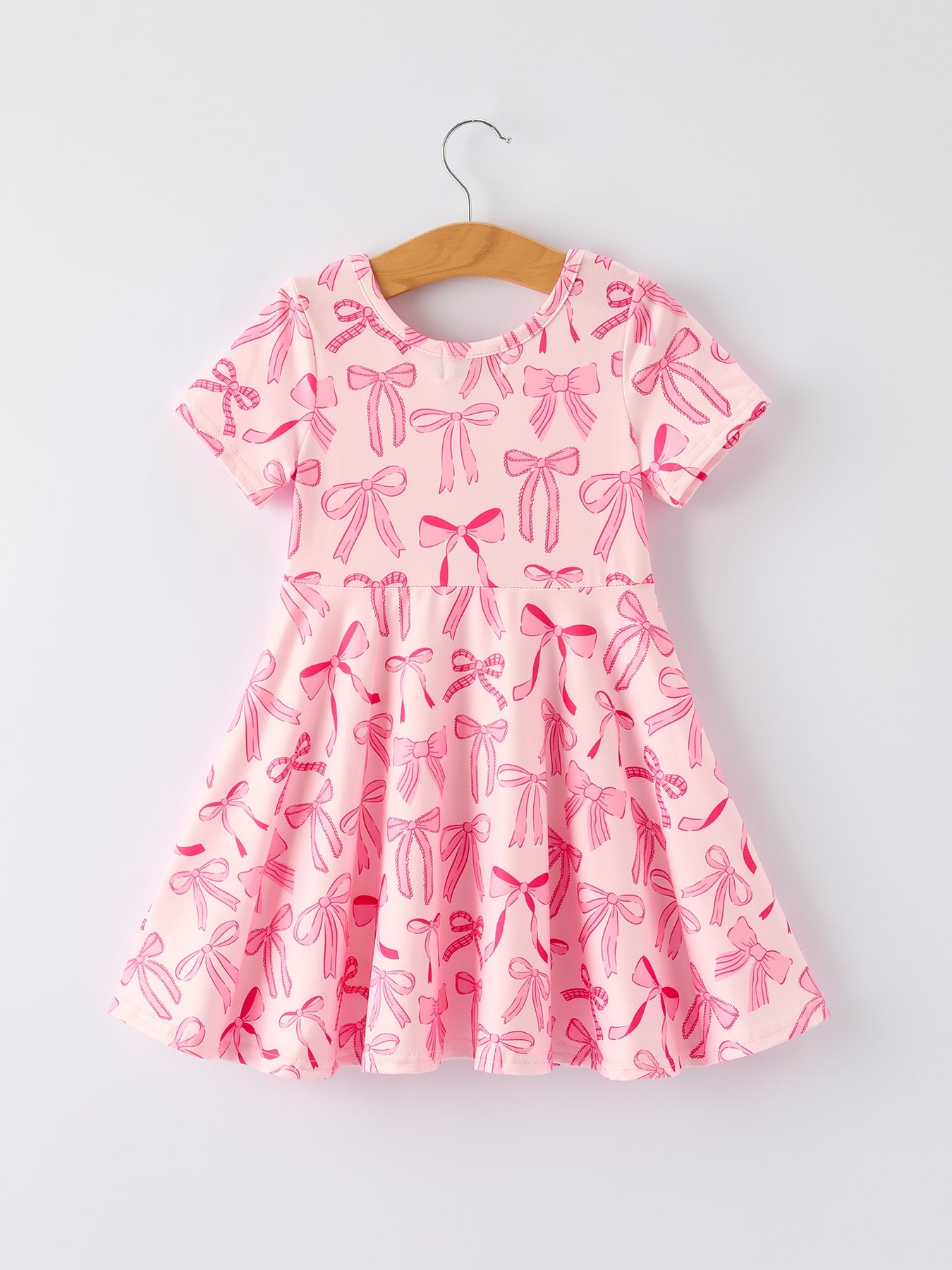 Girls Pink Dress With Bow Pattern - Cute Short Sleeve Outfit
