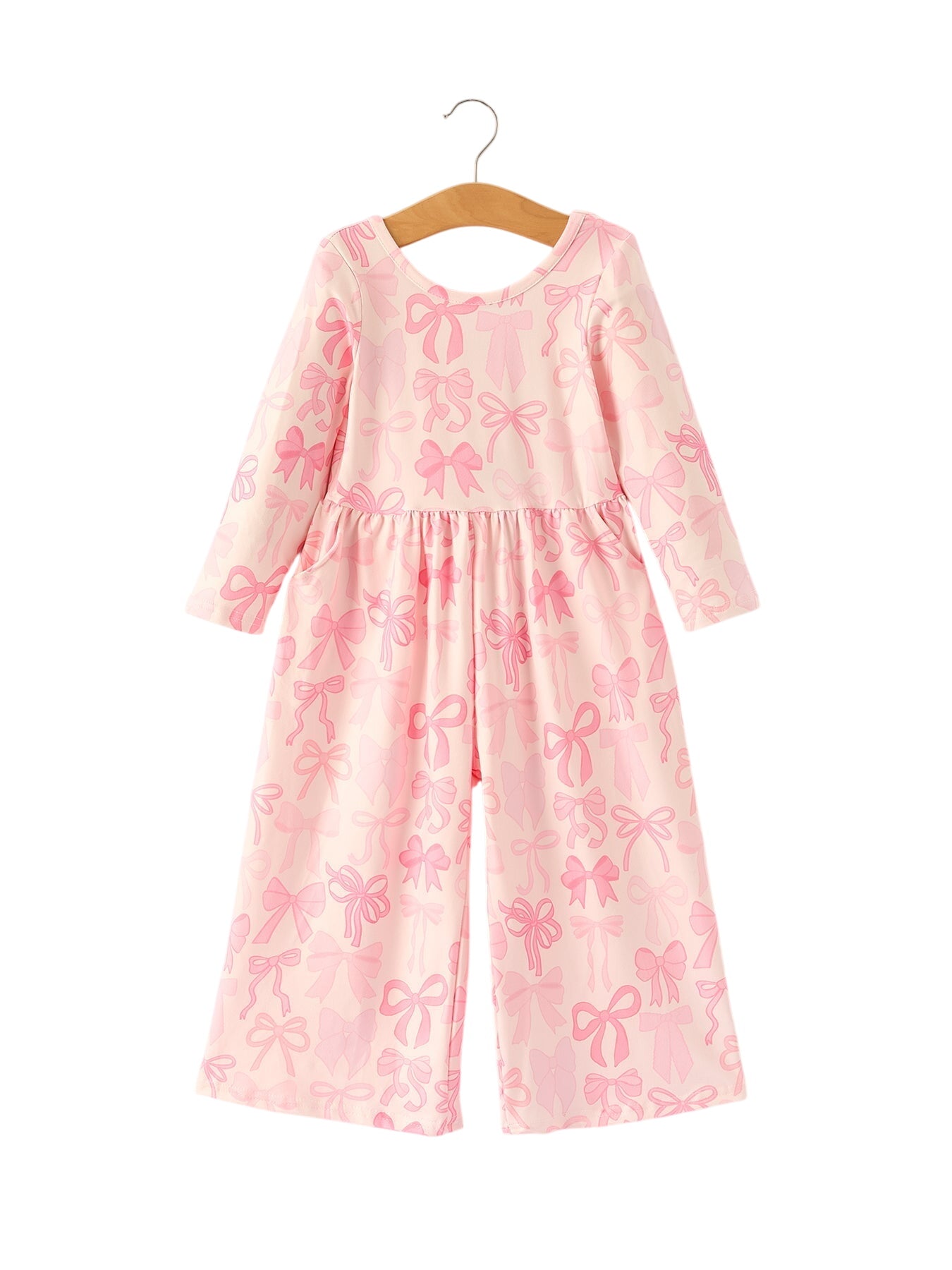 Girls Pink Bow Print Long Sleeve Jumpsuit