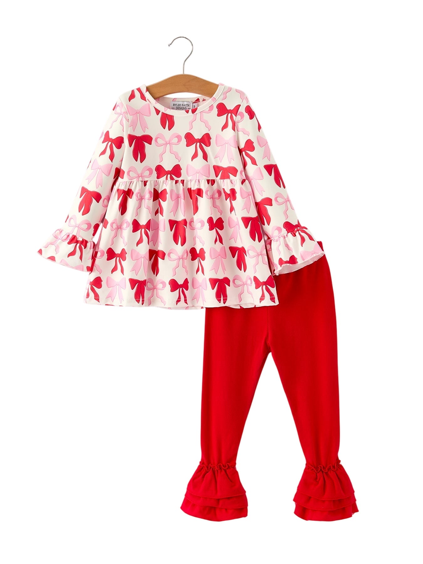 Baby Girls Valentine’s Bow Print Long Sleeve Ruffle Set