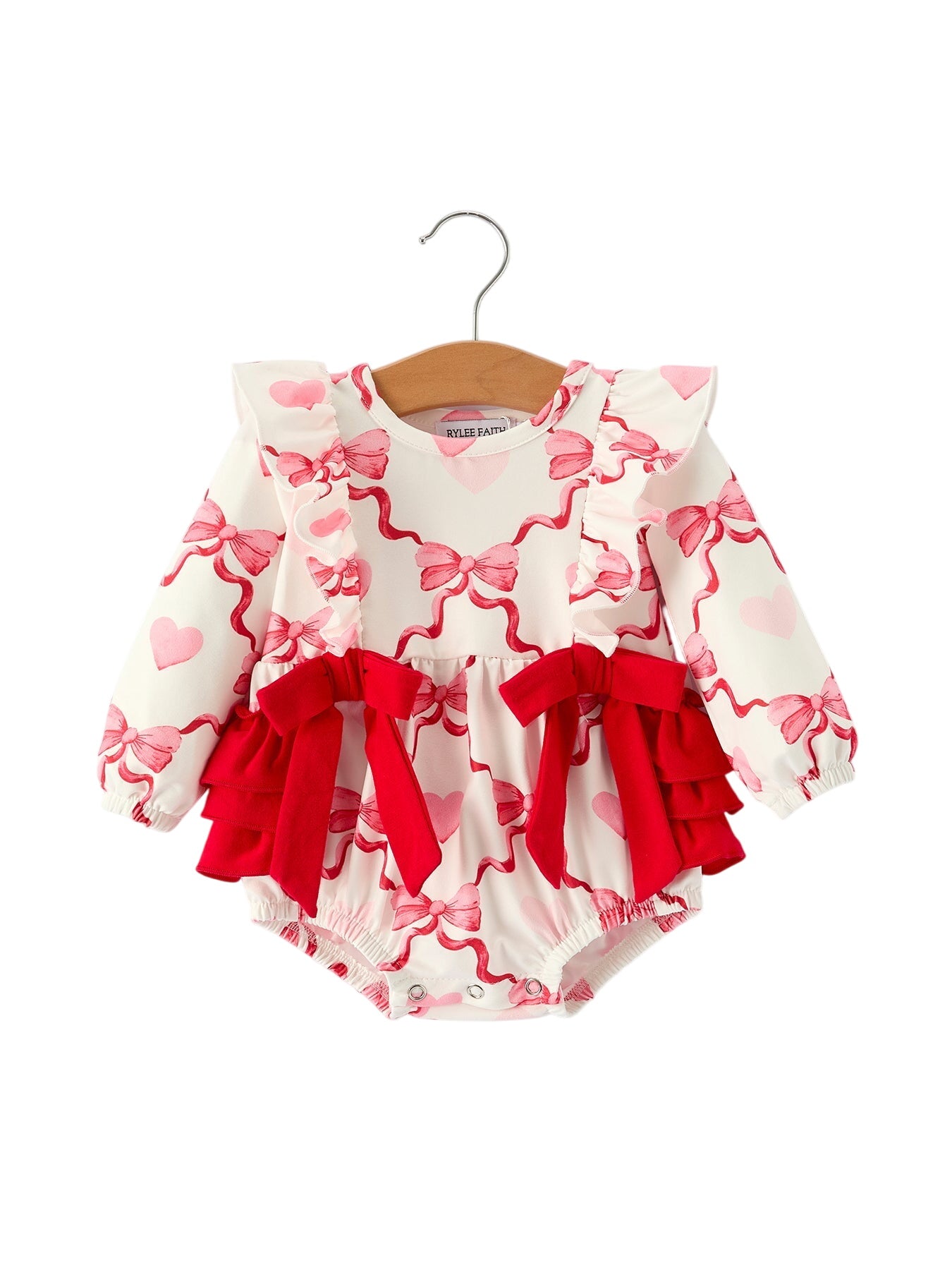 Girls Valentine Romper With Heart Print And Bowknot Design
