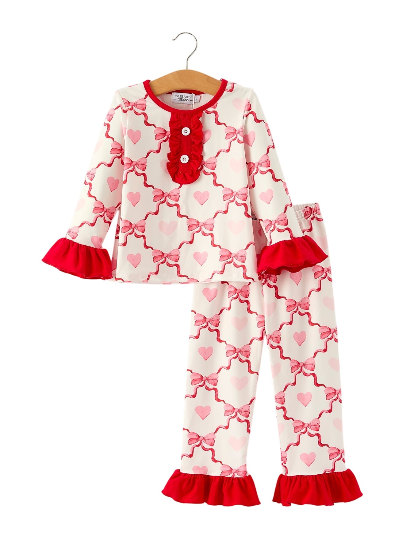 Valentine’s Day Girl Set With Heart Print And Red Ruffle Details