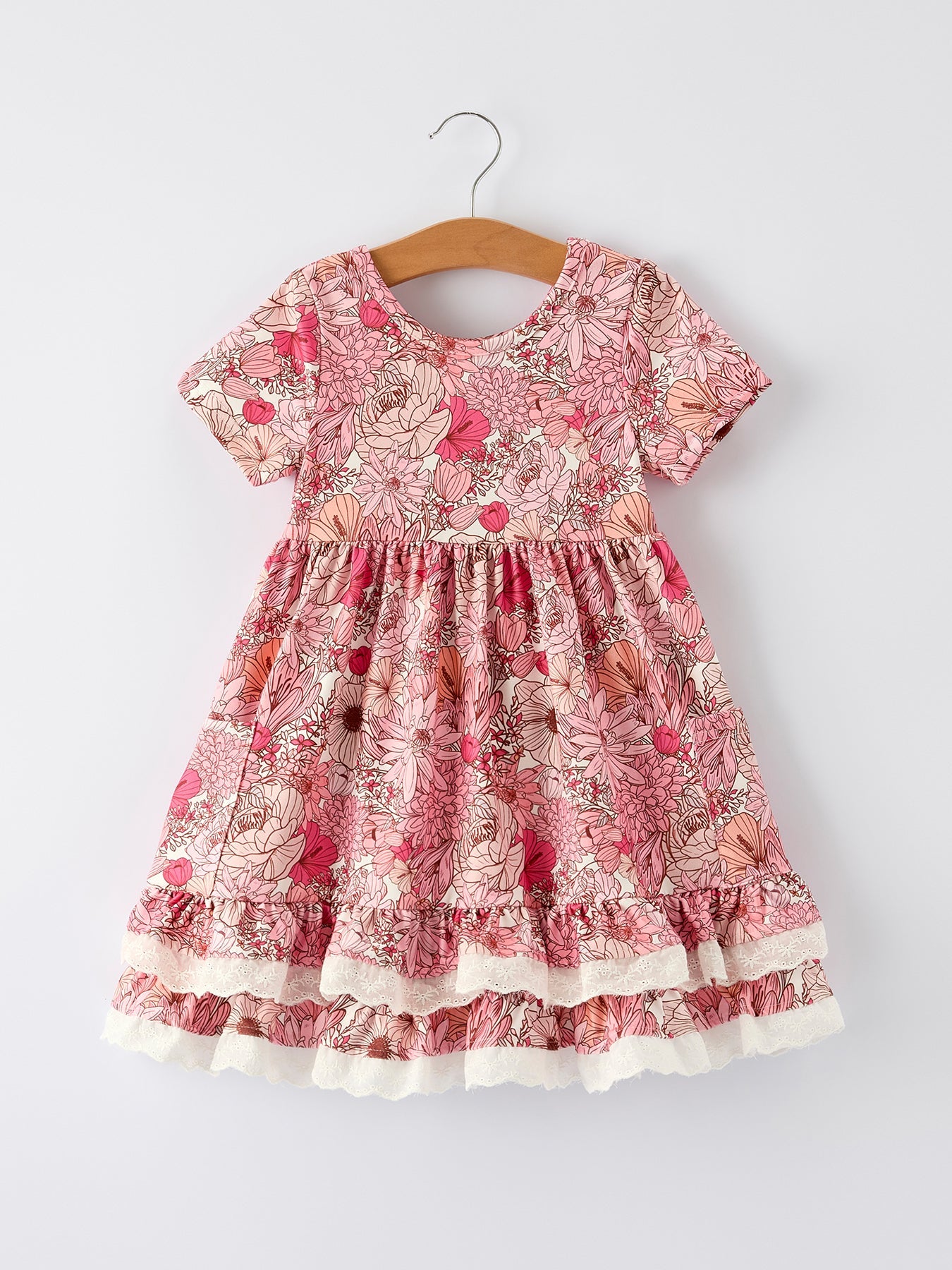 Fall Sweet Floral Pattern Dress With Pockets And Ruffle Hem For Girls