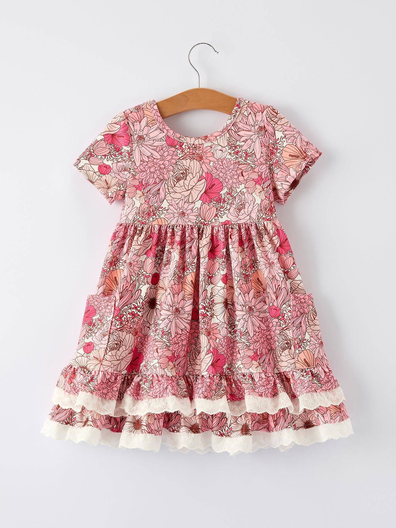 Fall Sweet Floral Pattern Dress With Pockets And Ruffle Hem For Girls