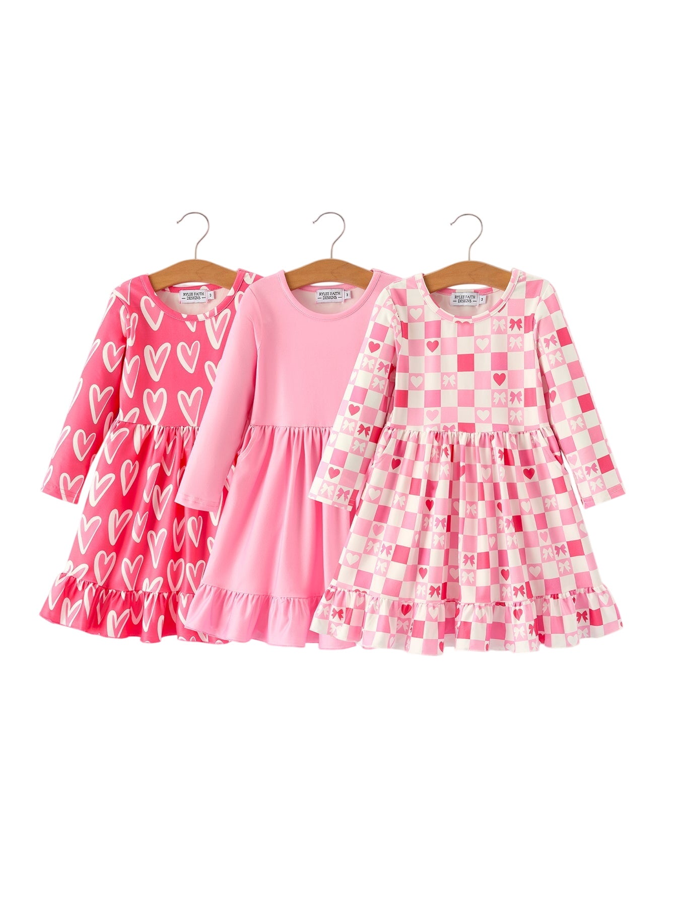 Valentine’s Day Girls Dress Bundle – Sweetheart Heart Print, Solid Pink, Checker Bow Design