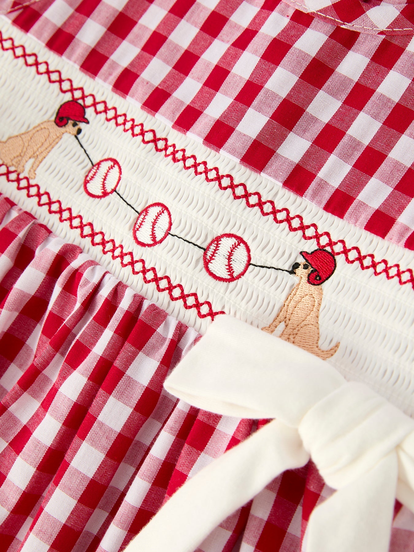 Mommy & Me Girl Dress – Dog Baseball Smocking Embroidery Outfit