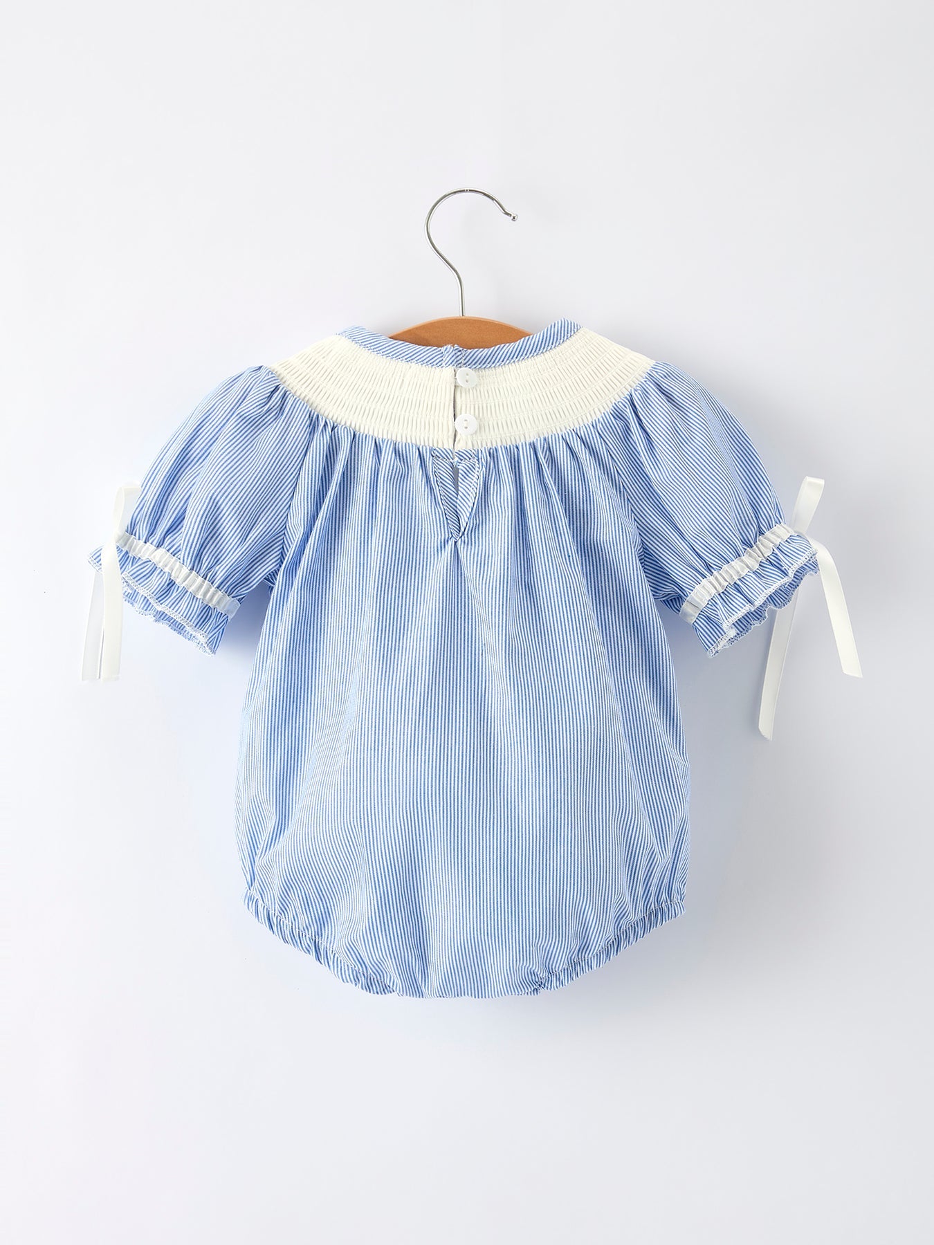 Baby Girls Romper – Blue Striped Smocked Outfit With Short Sleeves