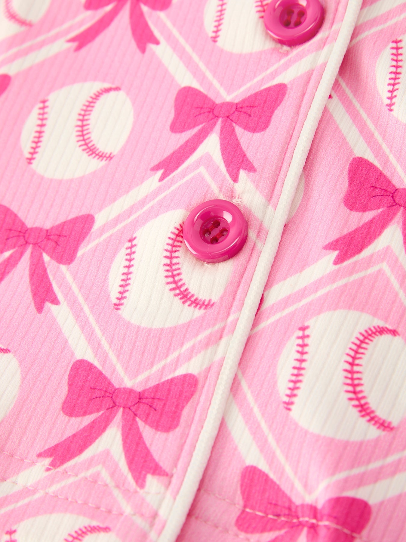 Girls Baseball Bow Print Pajama Set Short Sleeve Pink