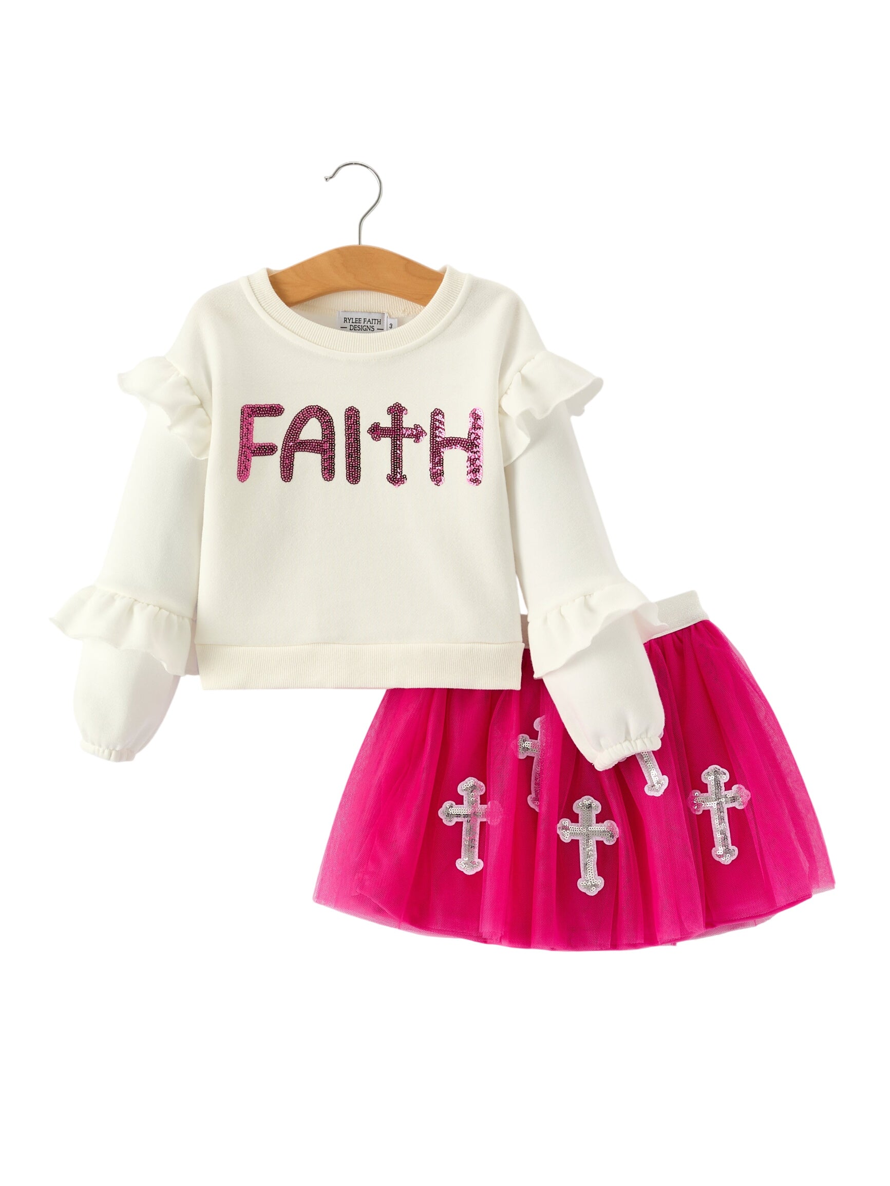Girls Christian Outfit – Long Sleeve Faith Top & Pink Cross Mesh Skirt