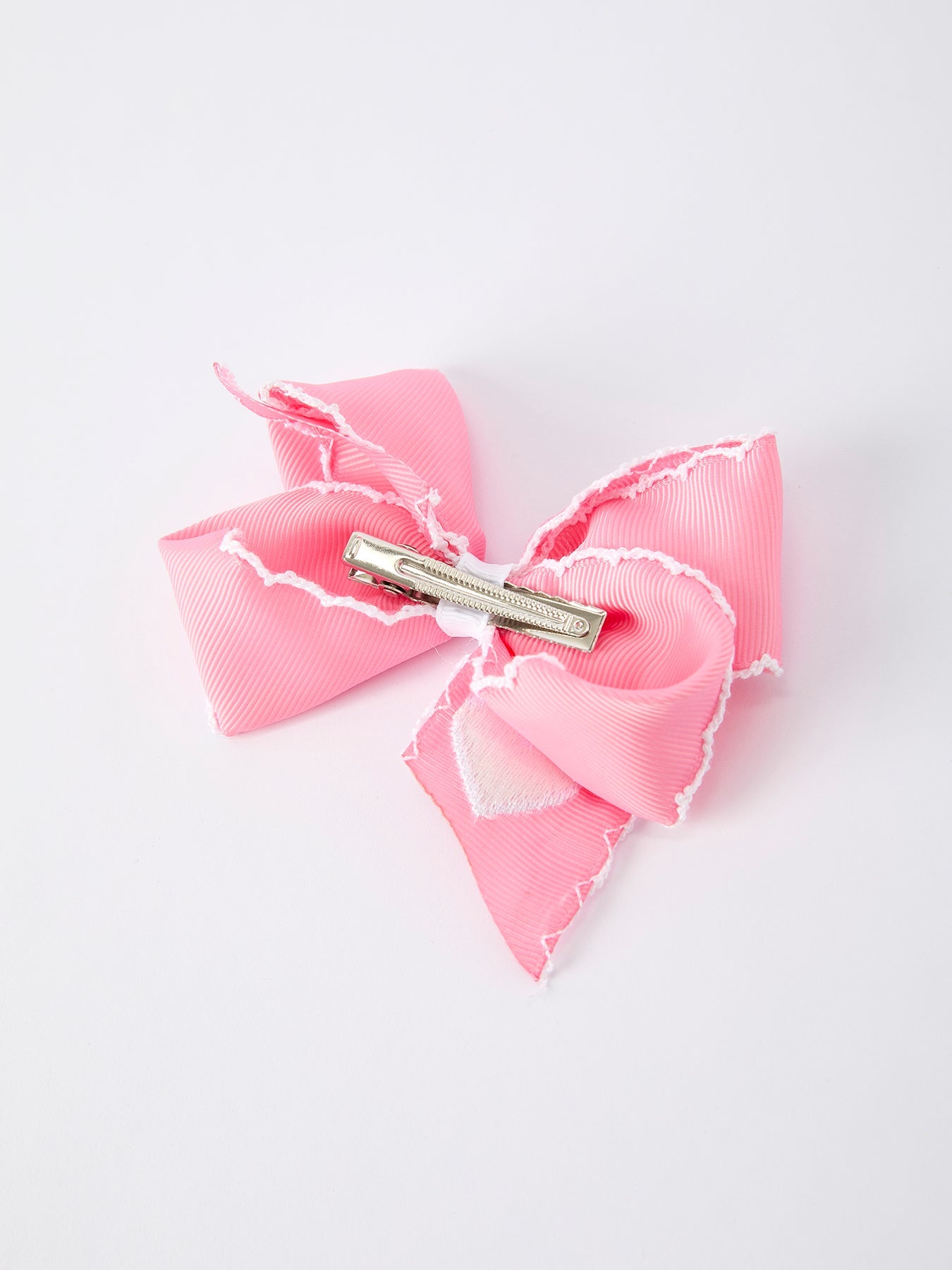 Valentine Cute Pink Bow Hair Clip With White Heart Embroidery For Girls