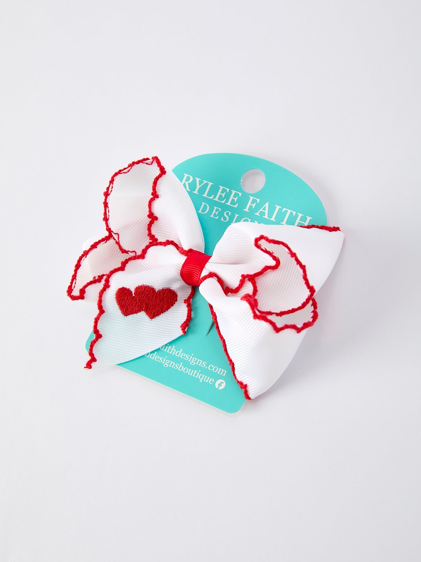 Valentine’s Hair Bow – White Ribbon With Red Heart Embroidery