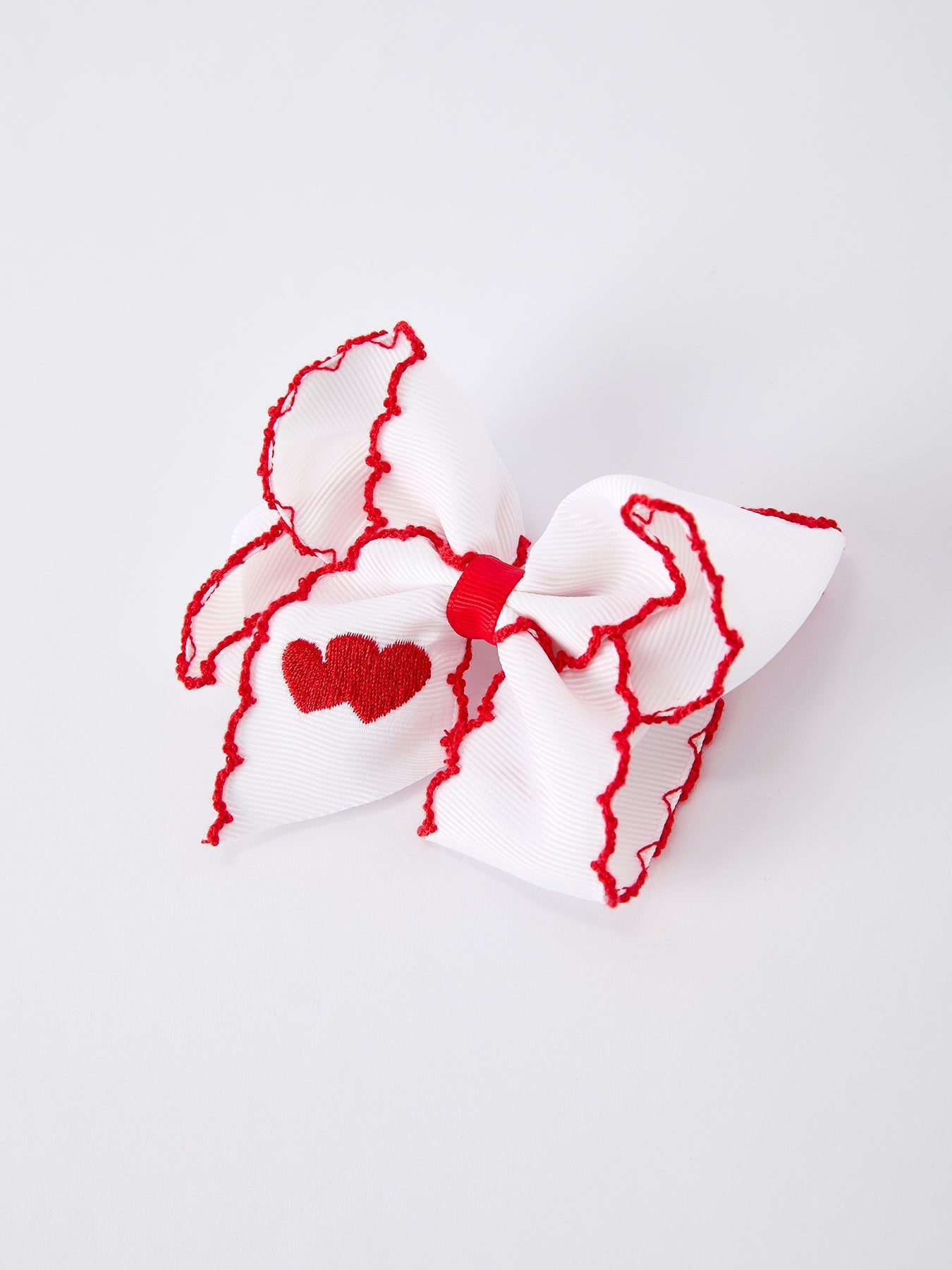 Valentine’s Hair Bow – White Ribbon With Red Heart Embroidery