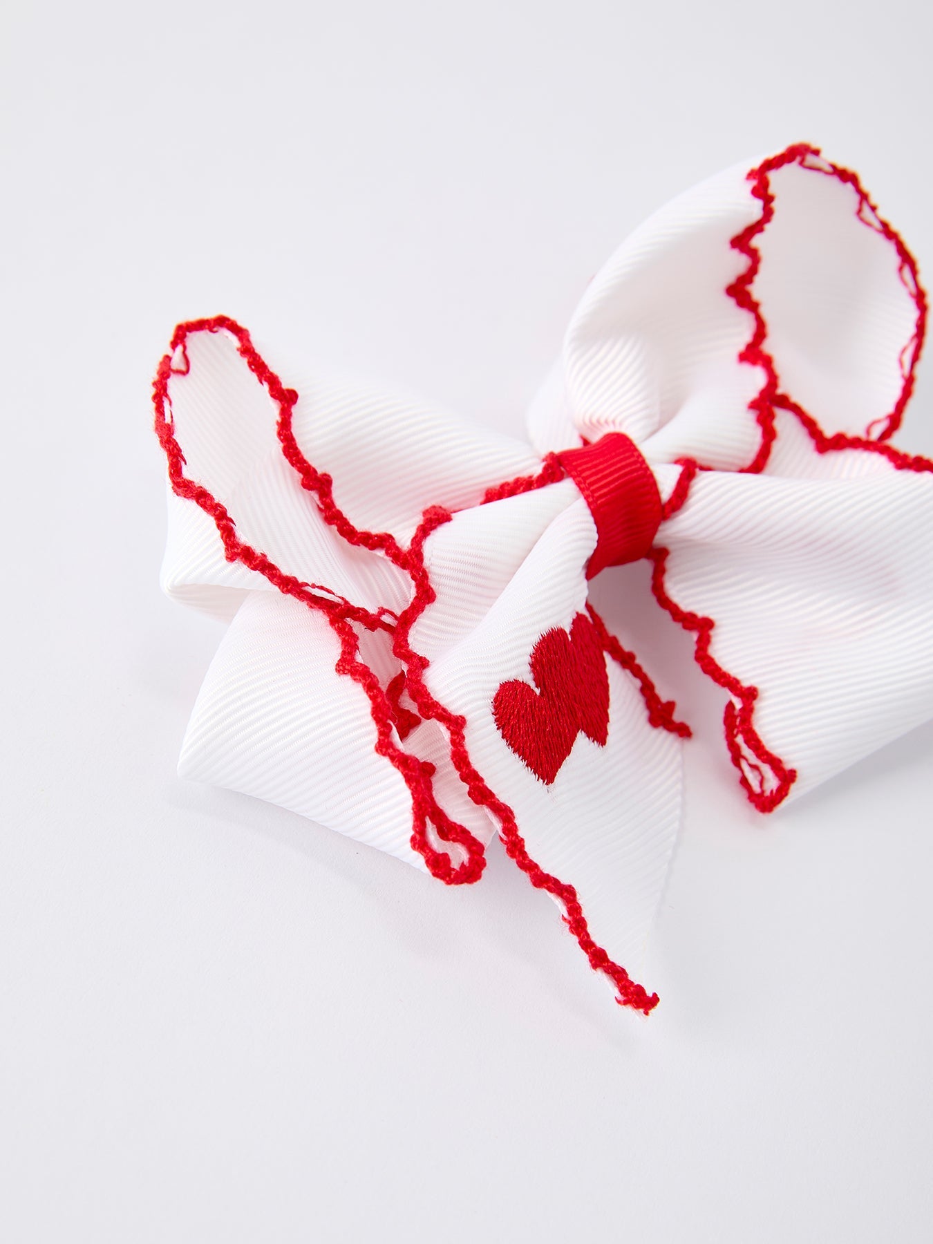 Valentine’s Hair Bow – White Ribbon With Red Heart Embroidery