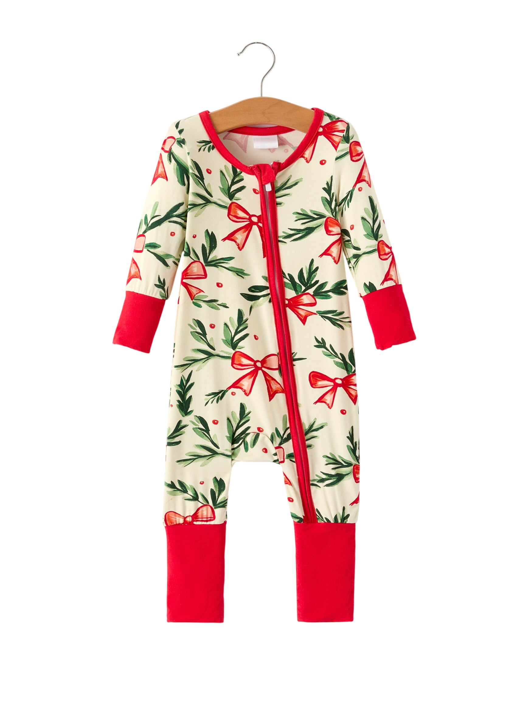 Mommy & Me Christmas Bow And Holly Print Pajama Girls Romper