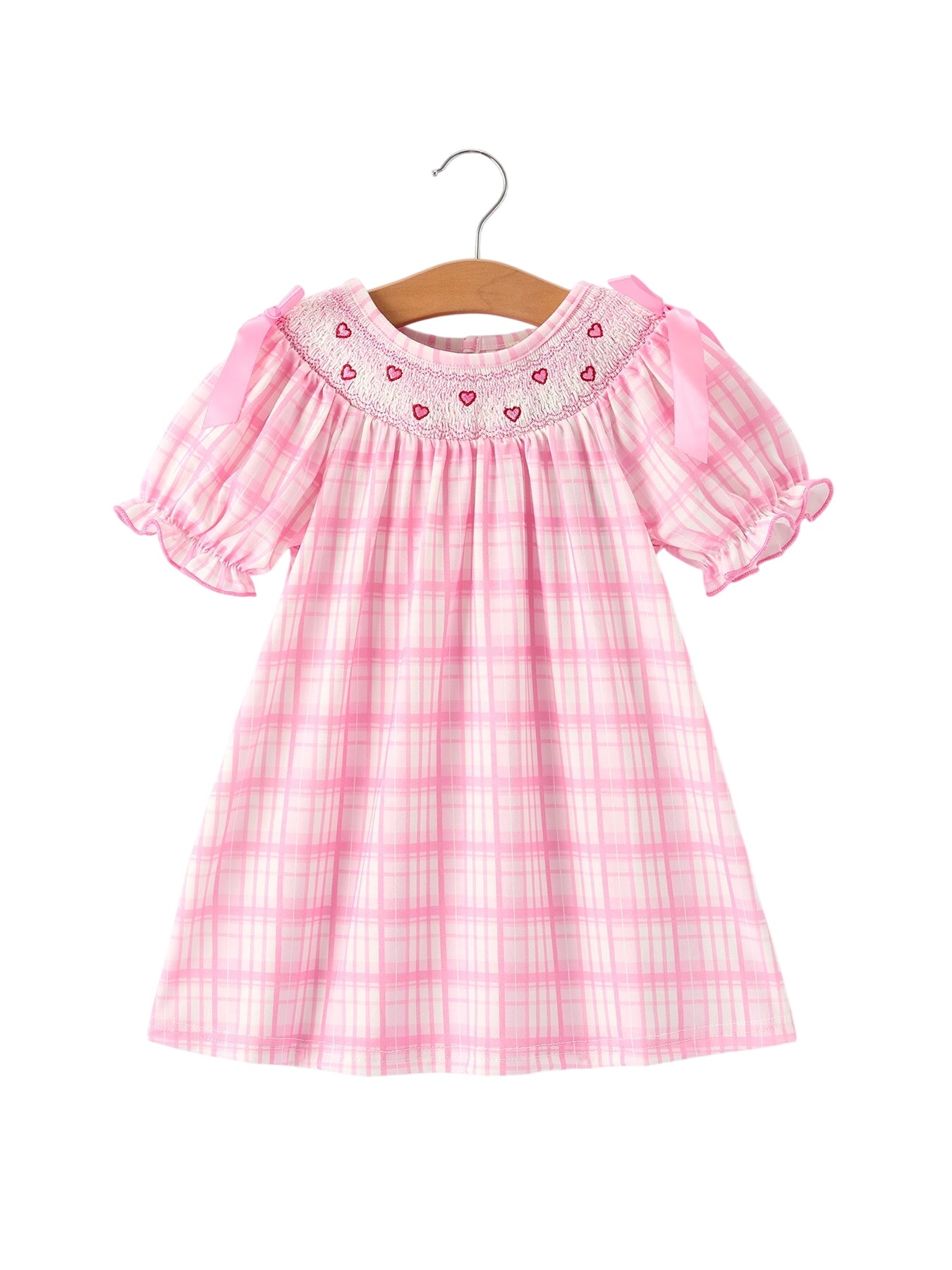 Valentine's Day Pink Plaid Smocked Heart Embroidery Girls Dress