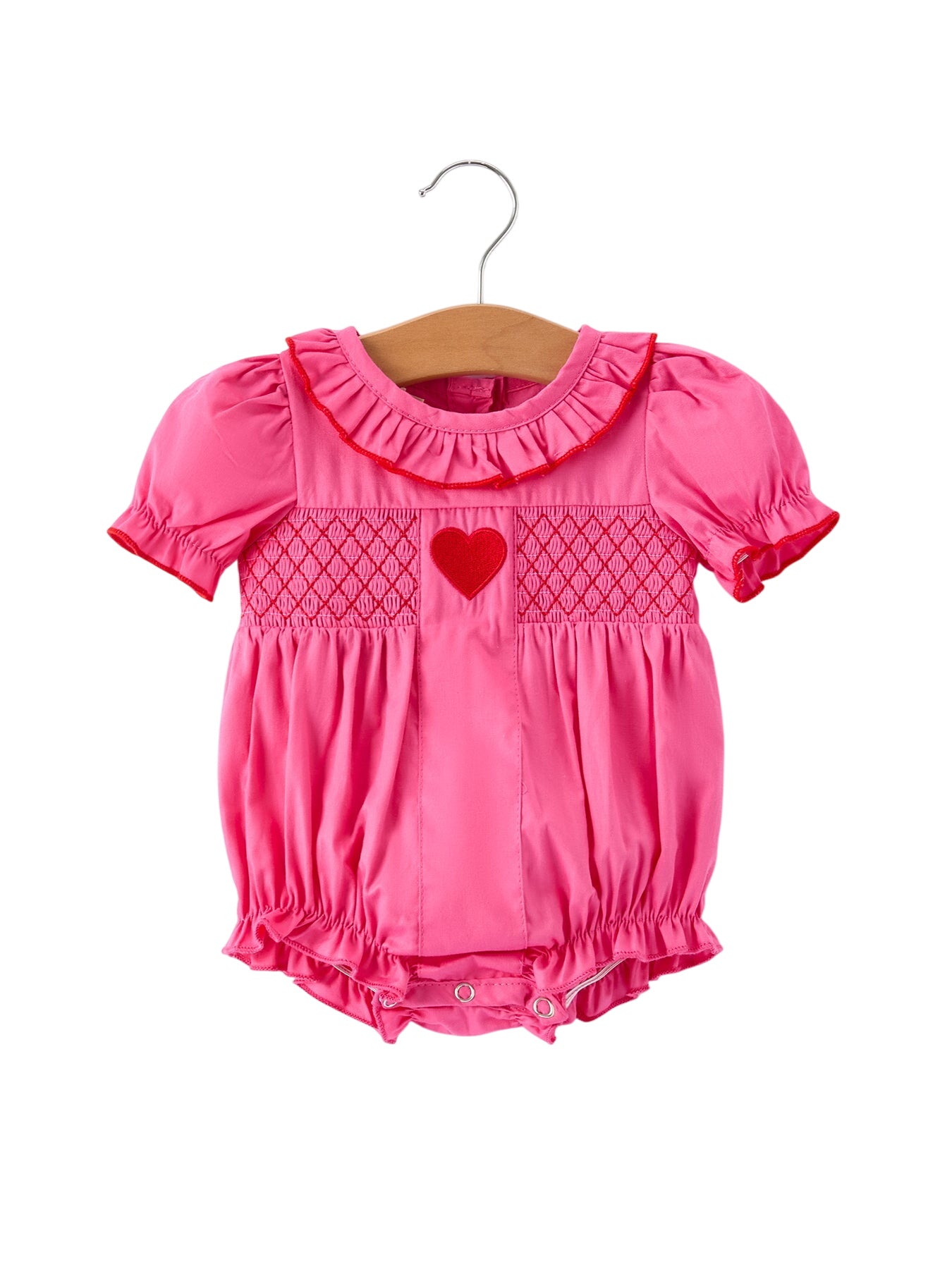 Valentine's Day Hot Pink Ruffle Collar Baby Romper Heart Applique