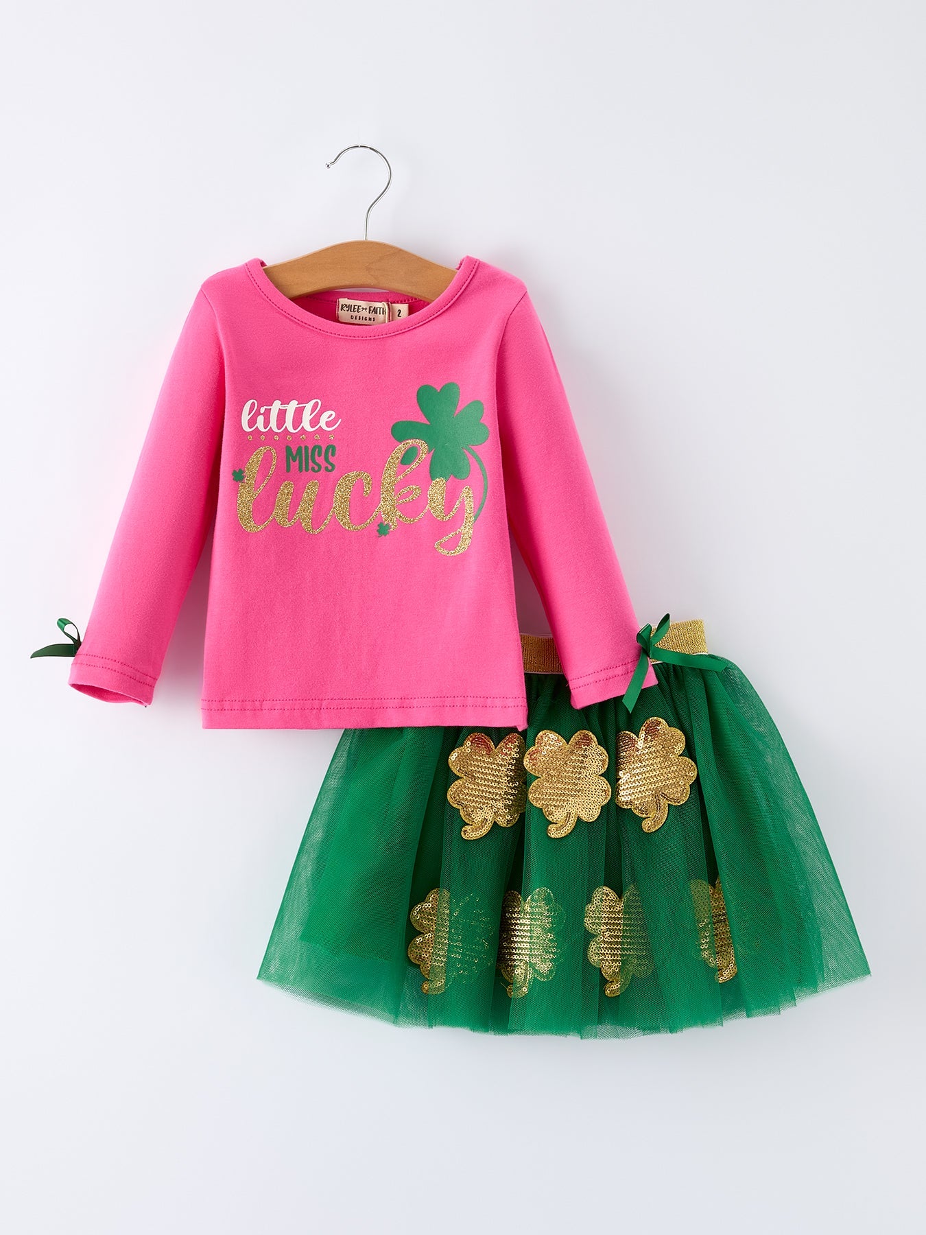 St. Patrick Shamrock Letter Top + Girls' Tulle Sequin Skirt Set