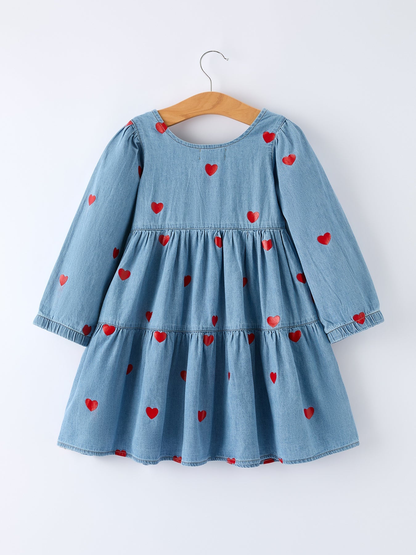 Denim Heart Dress For Girls – Long Sleeve Valentine Outfit