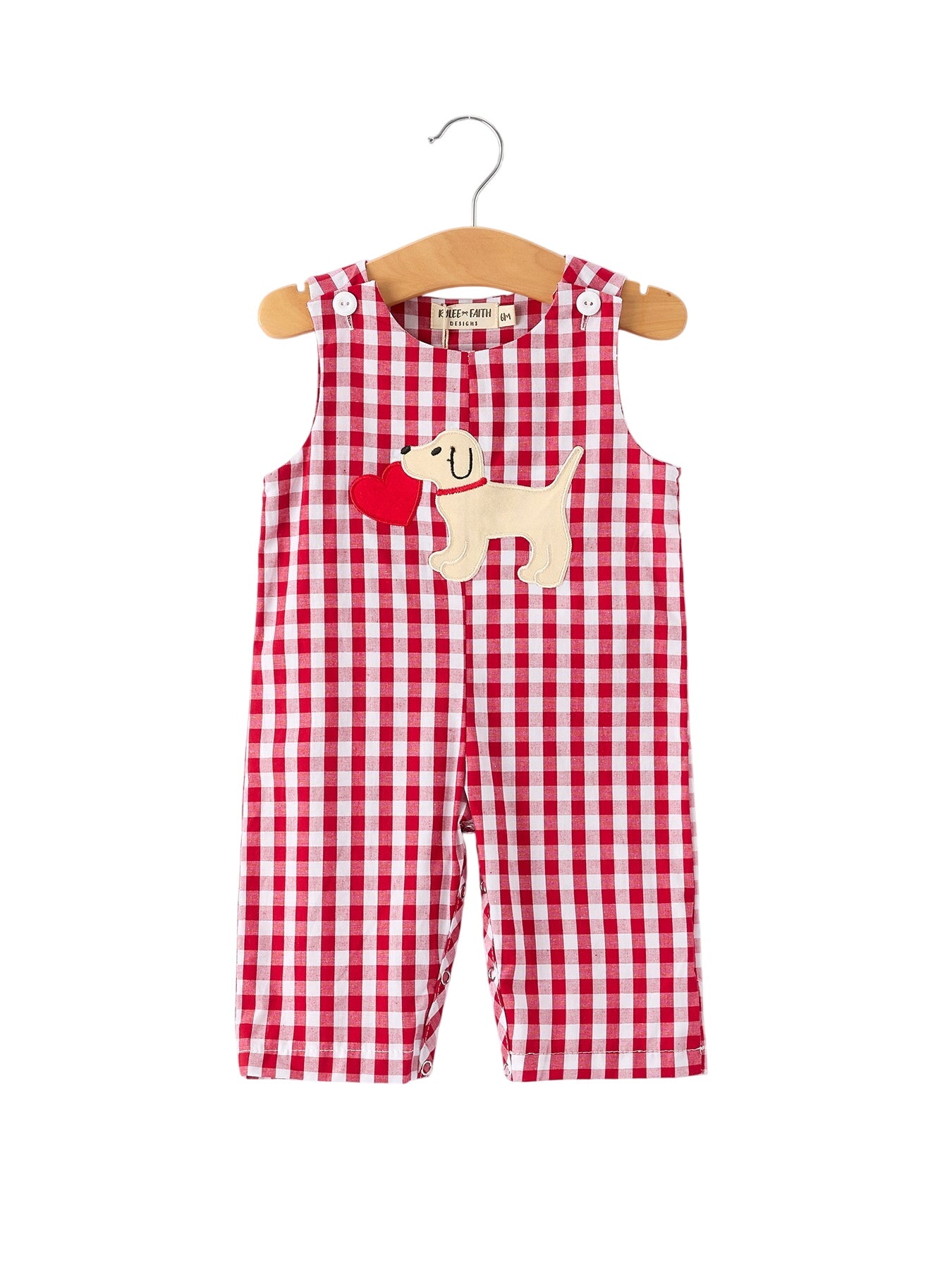 Valentine Red Plaid Boys Romper With Applique Heart Dog Detail