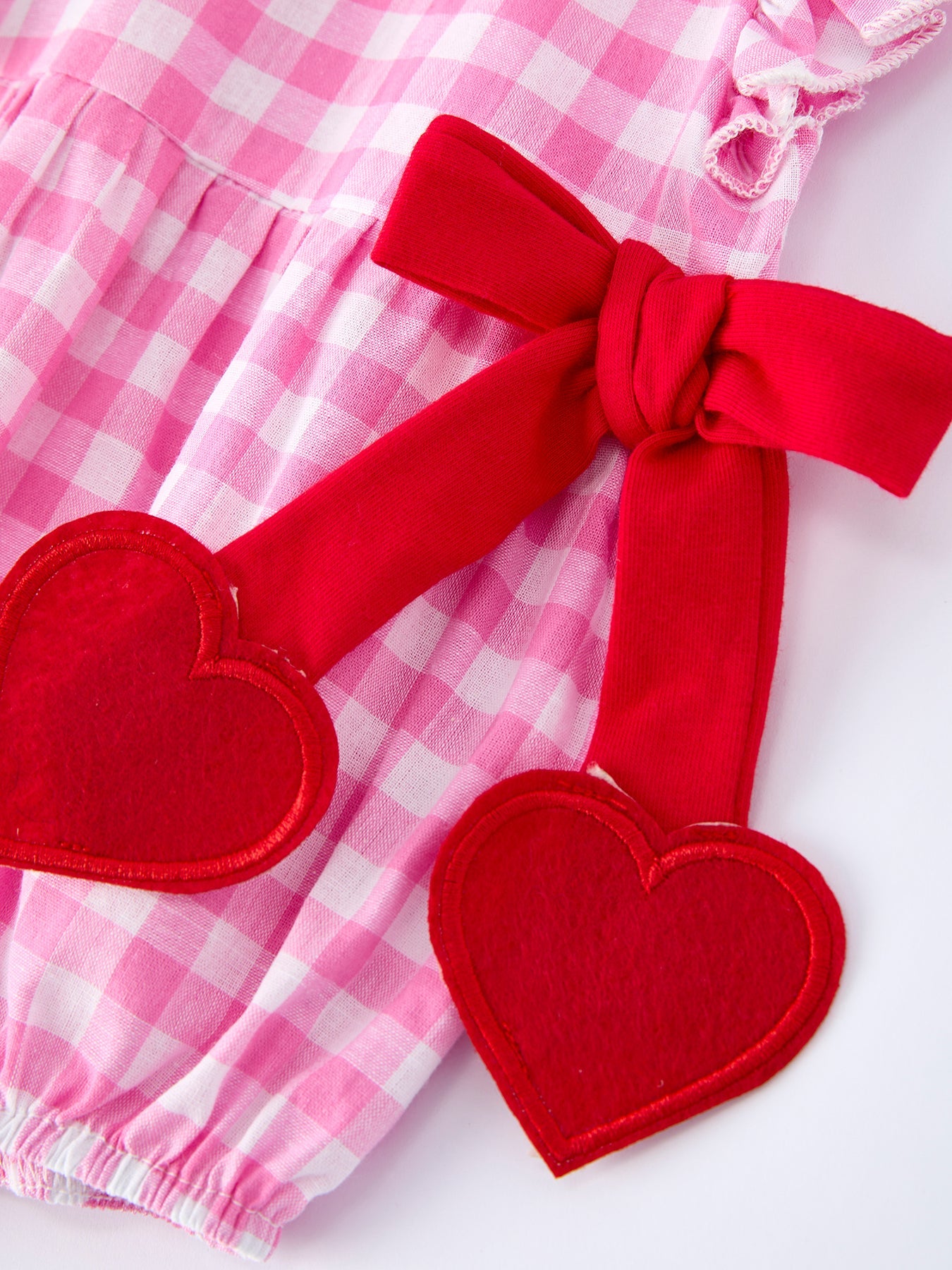 Valentine Pink Plaid Bubble Romper With Red Hearts And Bows
