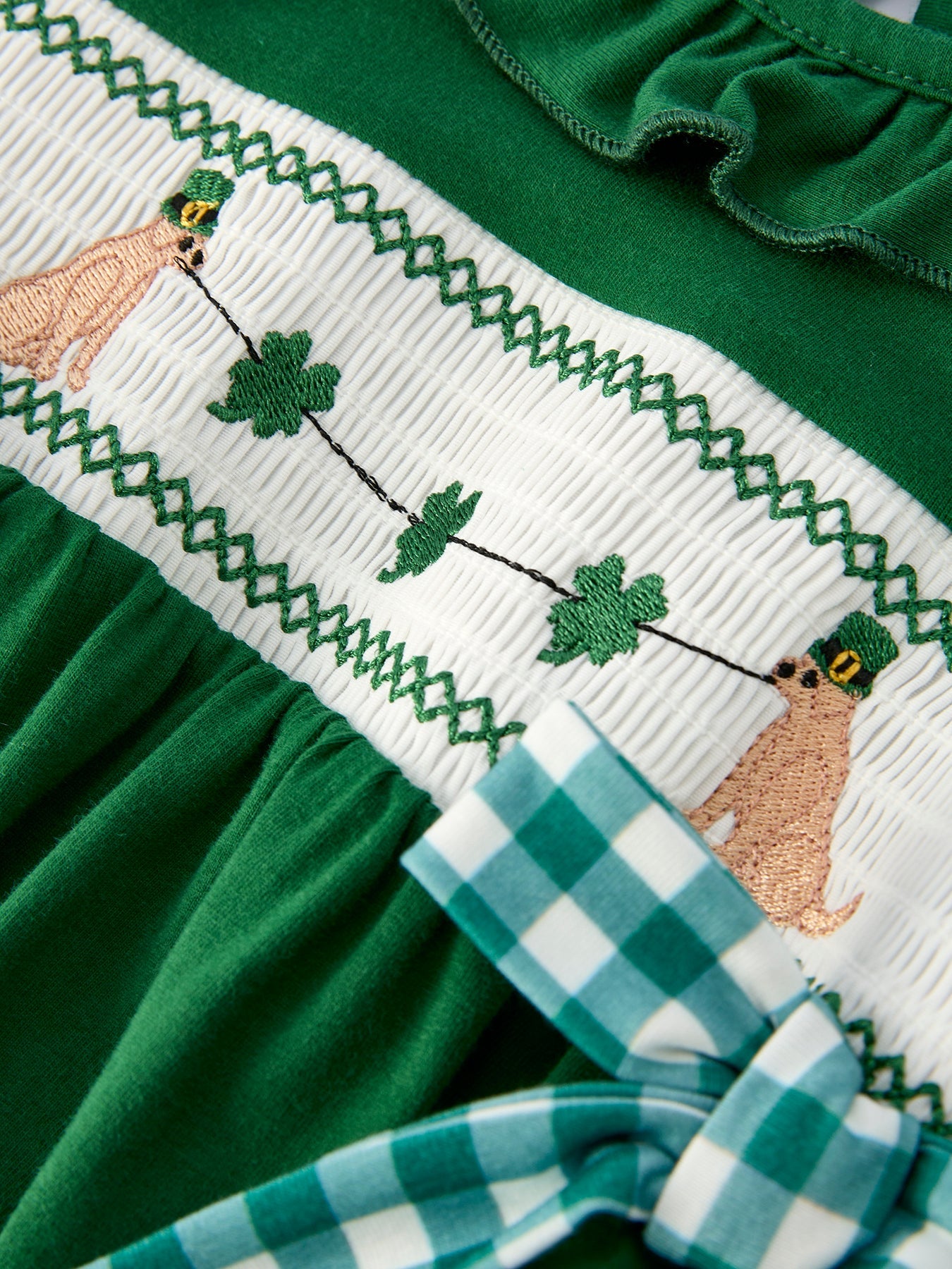 Girls St. Patrick’s Day Shamrock Puppy Smocked Romper