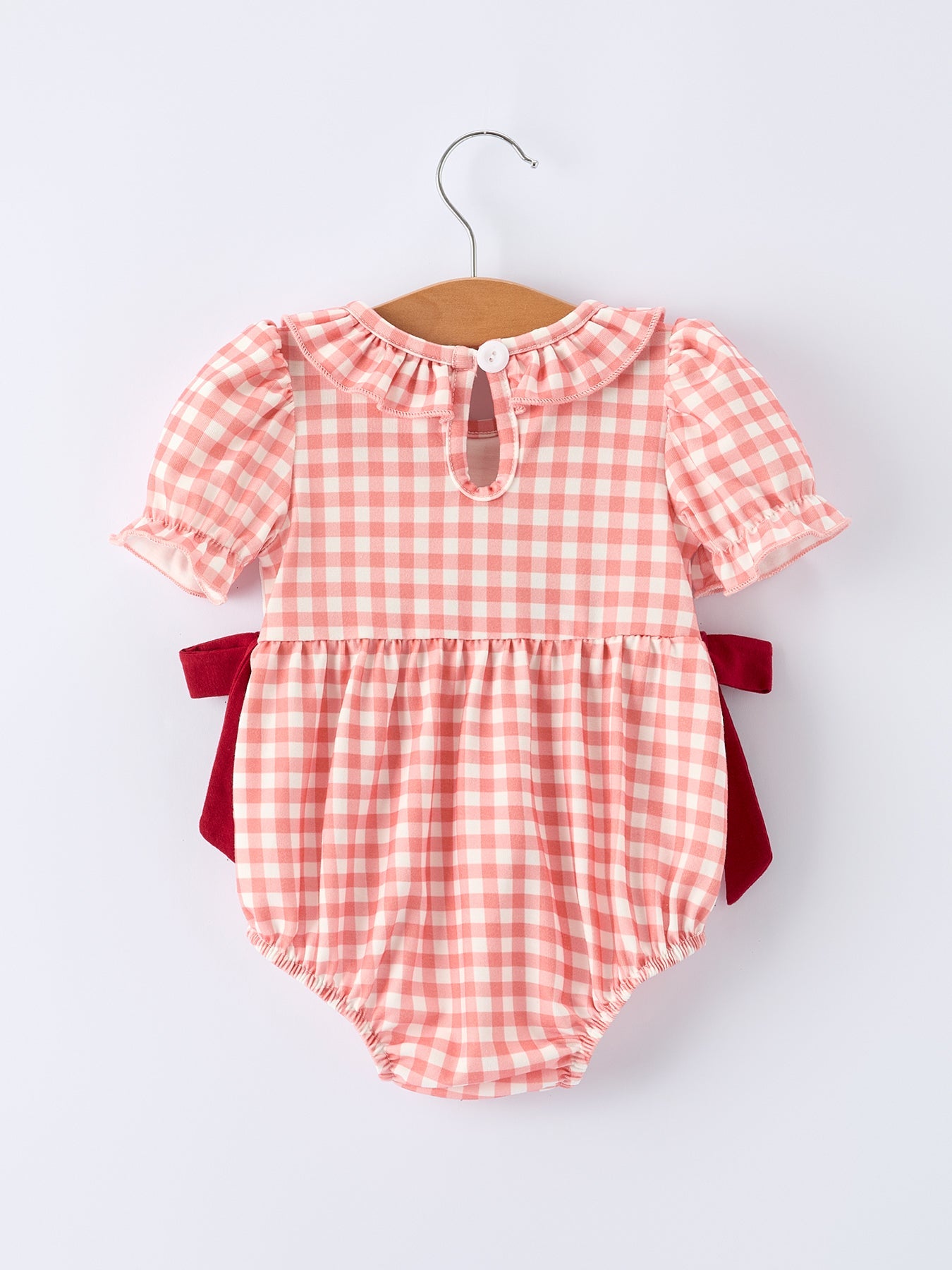 Girls Baseball Bow Smocking Embroidery Plaid Romper
