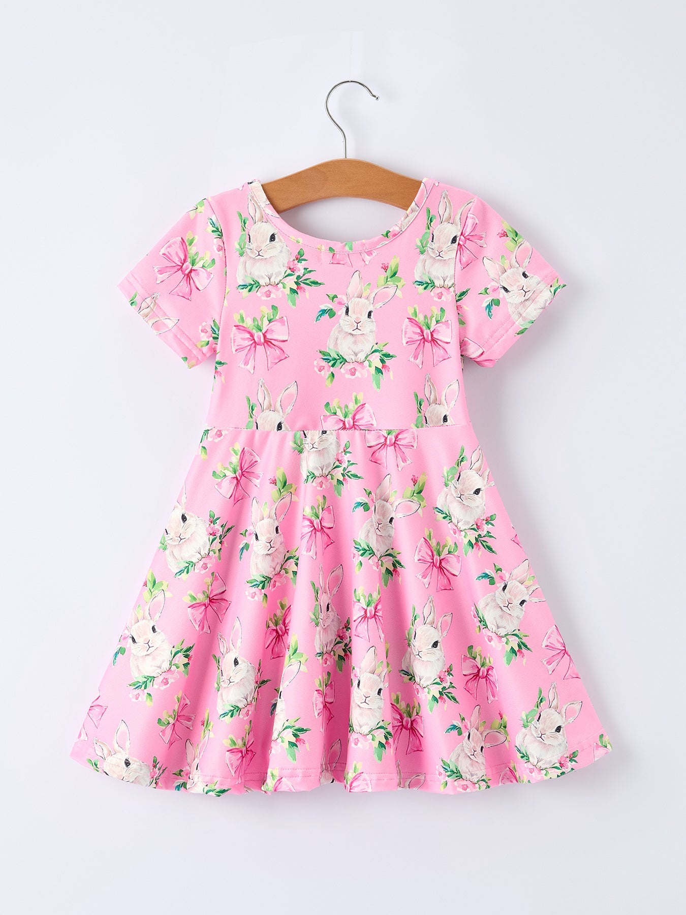 Easter Pink Bunny Floral Print Short Sleeve Dress