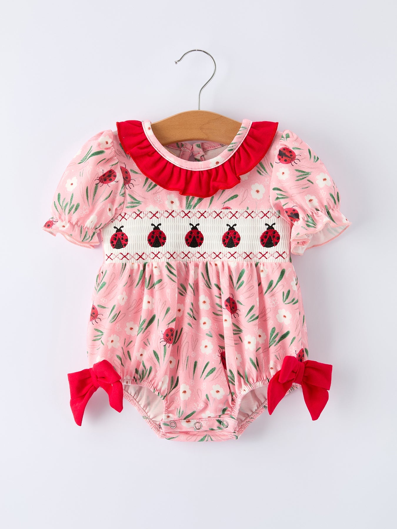 Spring Ladybug Smocked Embroidered Baby Girls Romper