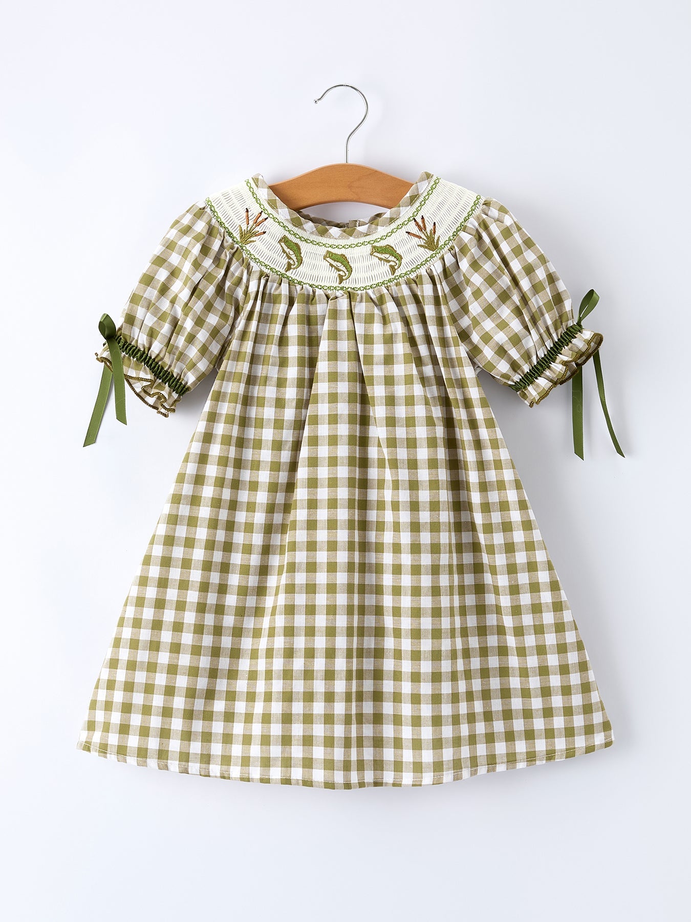 Green Plaid Fish Embroidered Baby Girls Smocked Dress