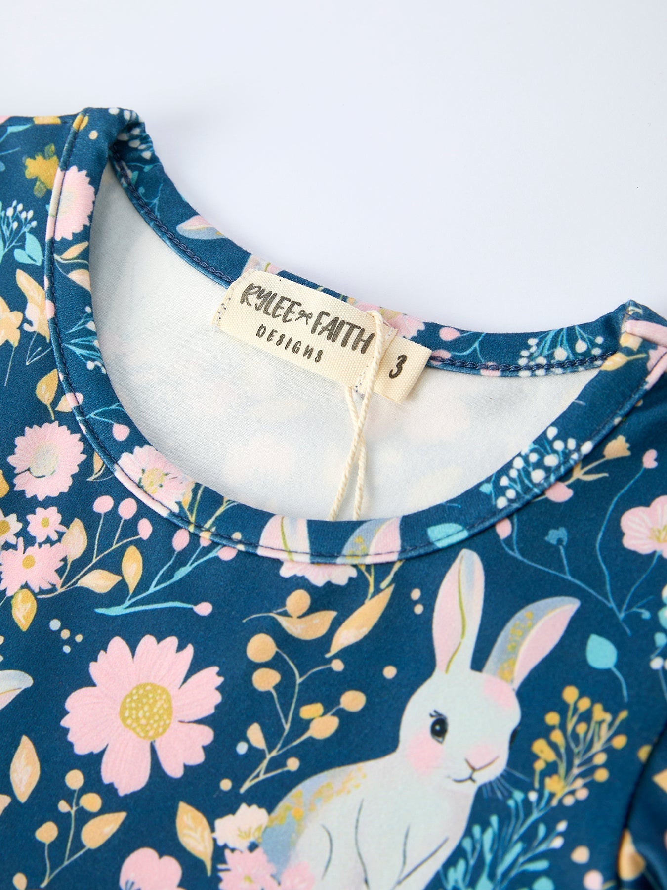 Teal Bunny Garden Ruffle Sleeve Girls Dress