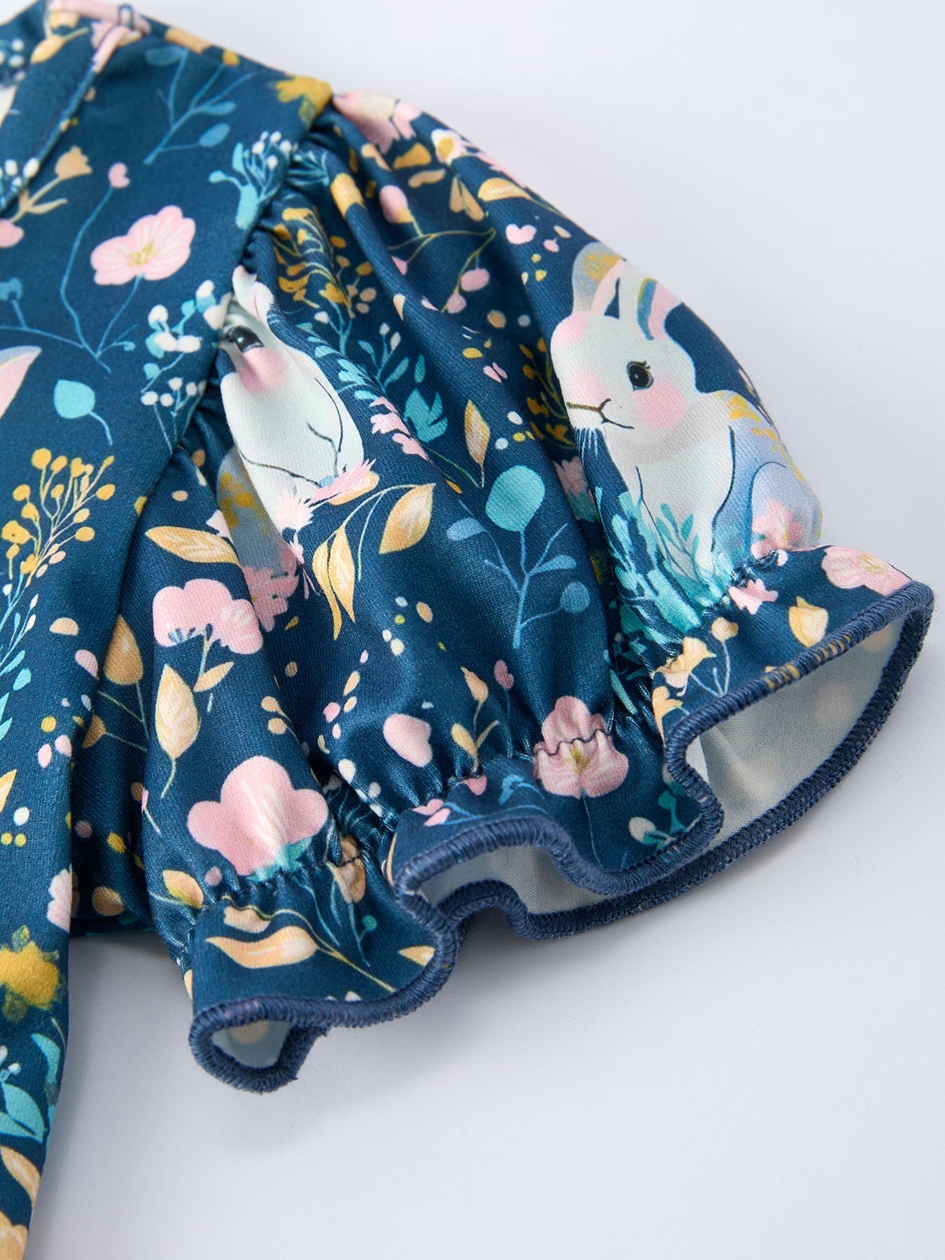 Teal Bunny Garden Ruffle Sleeve Girls Dress